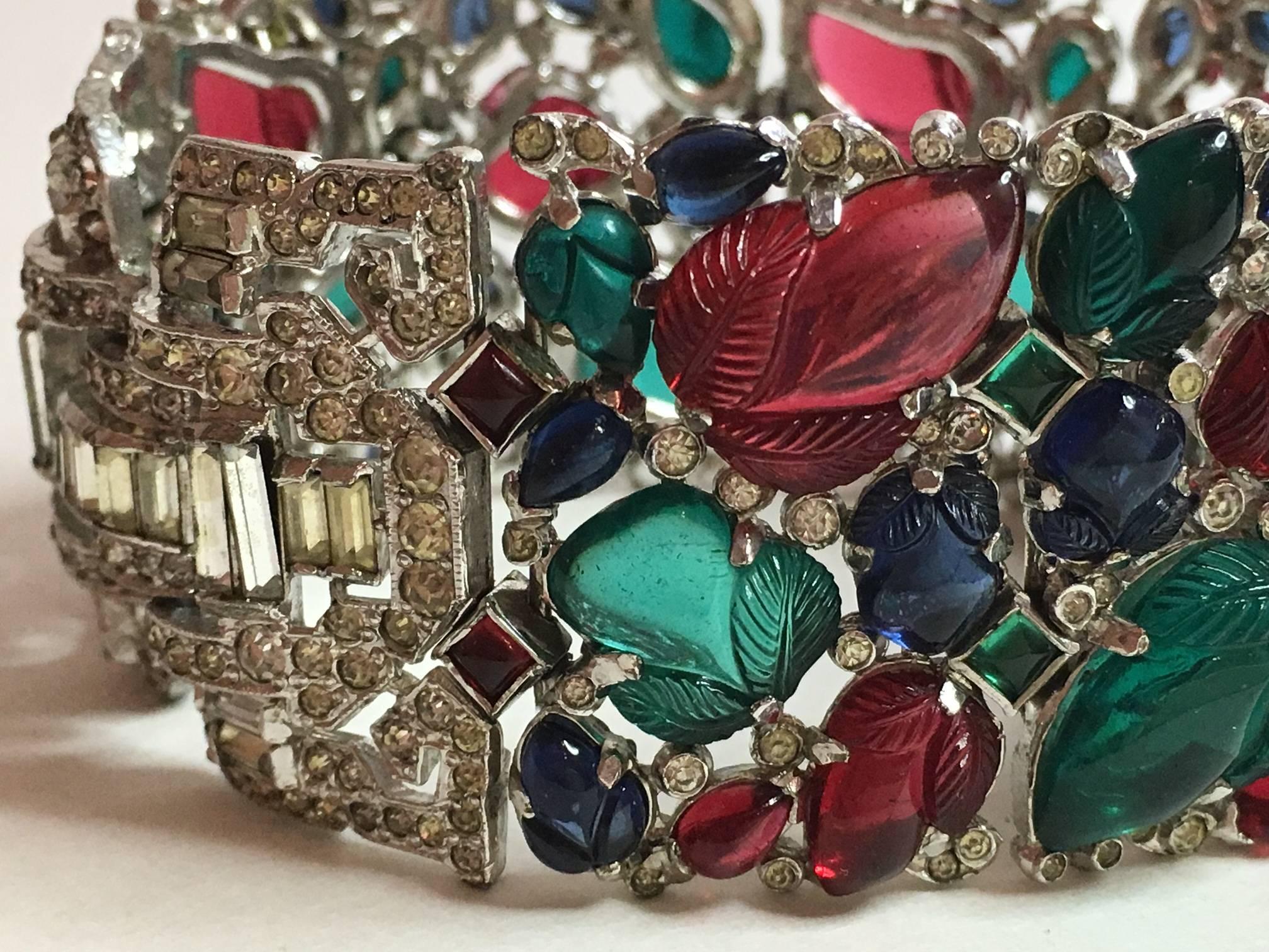 RARE KTF Trifari Alfred Philippe Pave Baguette Tricolour Fruit Salad Bracelet In Excellent Condition For Sale In Palm Springs, CA