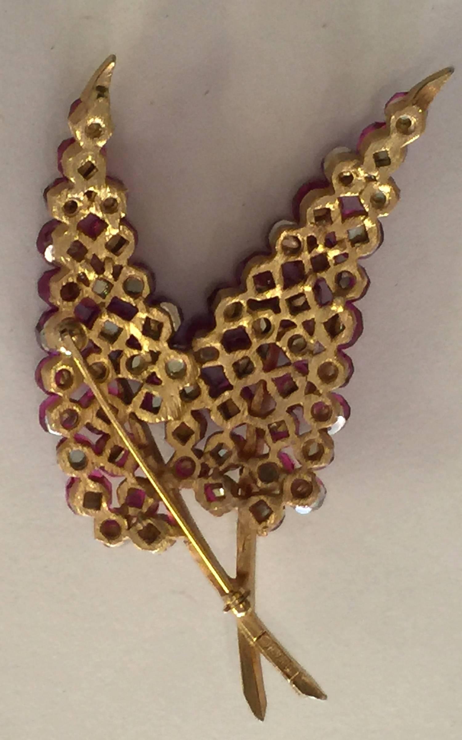 1950s TRIFARI Briolette Fuschia Swarovski Crystal Floral Brooch Pin In Excellent Condition In Palm Springs, CA