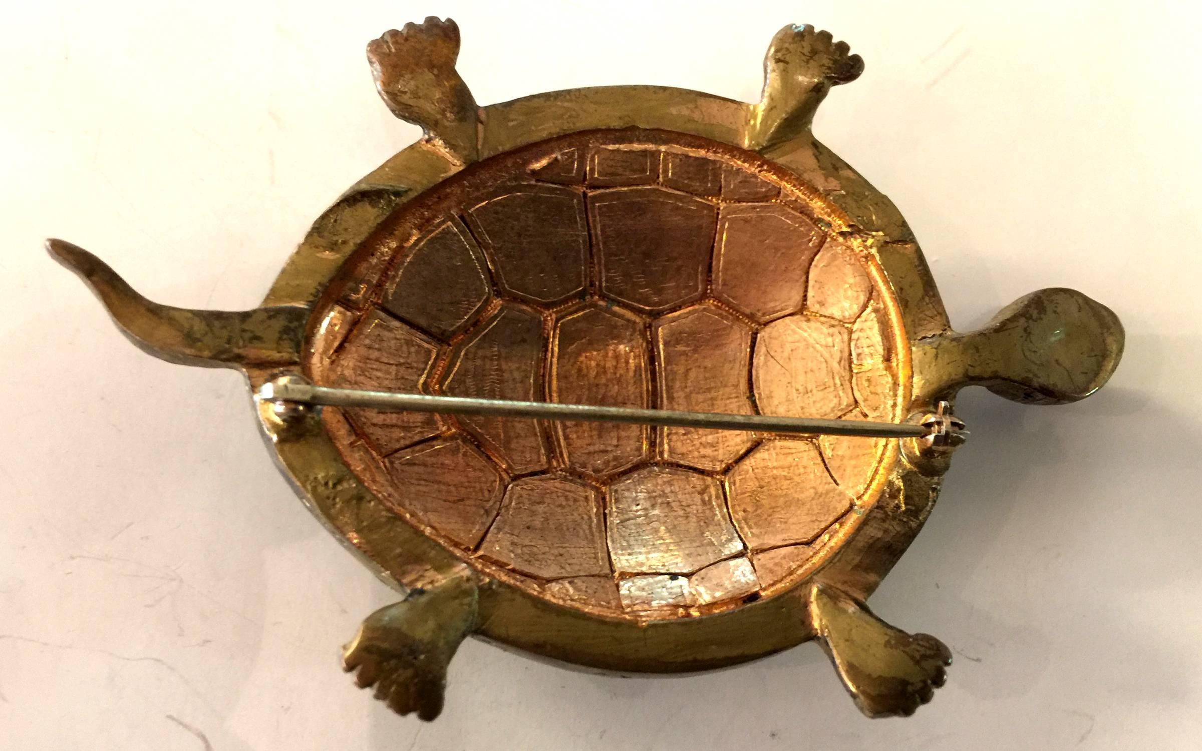 Women's 1940s Goldtone and Copper Enamelled Turtle Pin Brooch For Sale