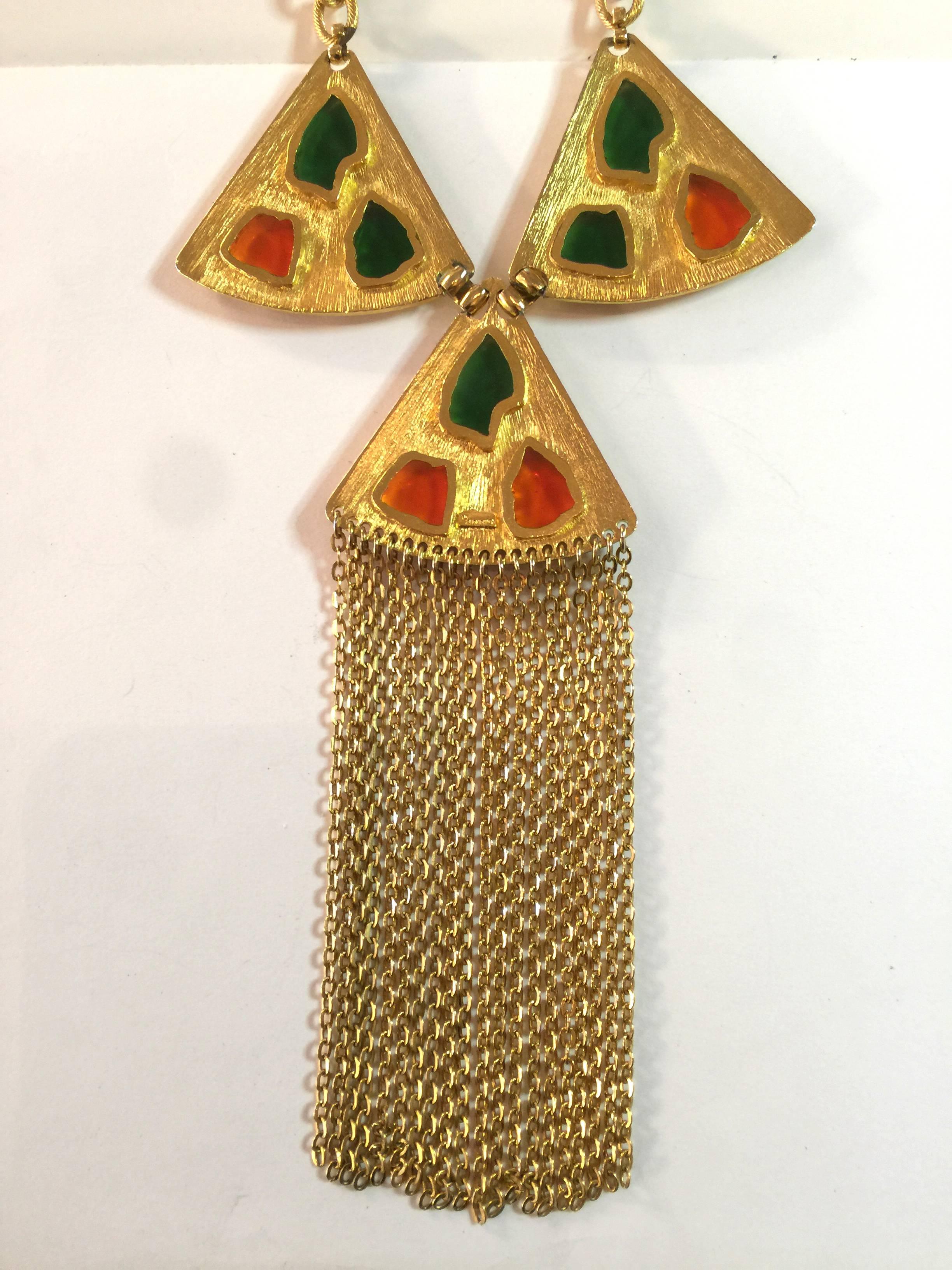 Women's 1960s TRIFARI Poured Glass Mosaic Goldtone Fringed Tassel Necklace For Sale