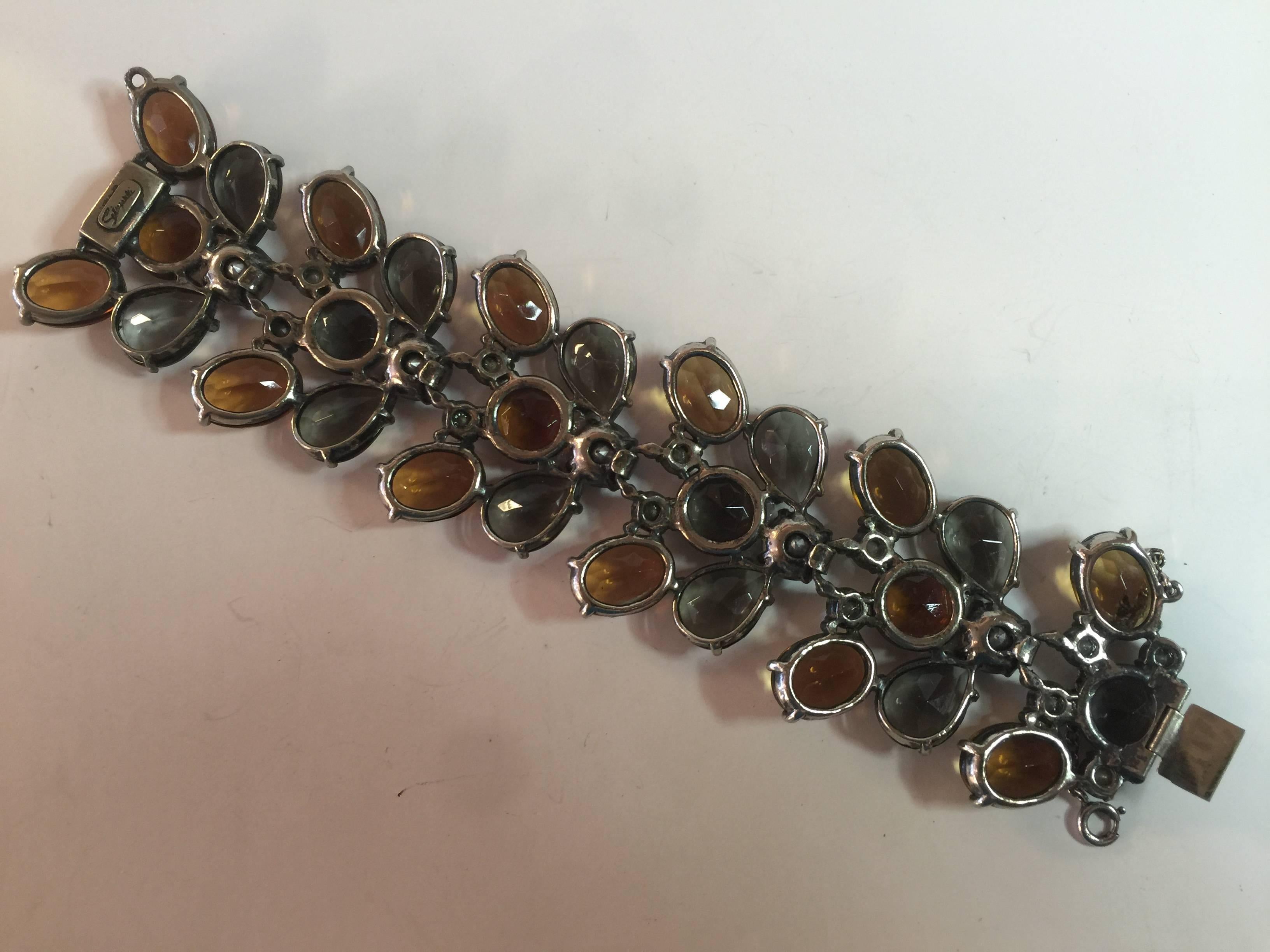 Magnificent 1950s SCHIAPARELLI Wide Link Bracelet Smoke Toast Borealis In Excellent Condition For Sale In Palm Springs, CA
