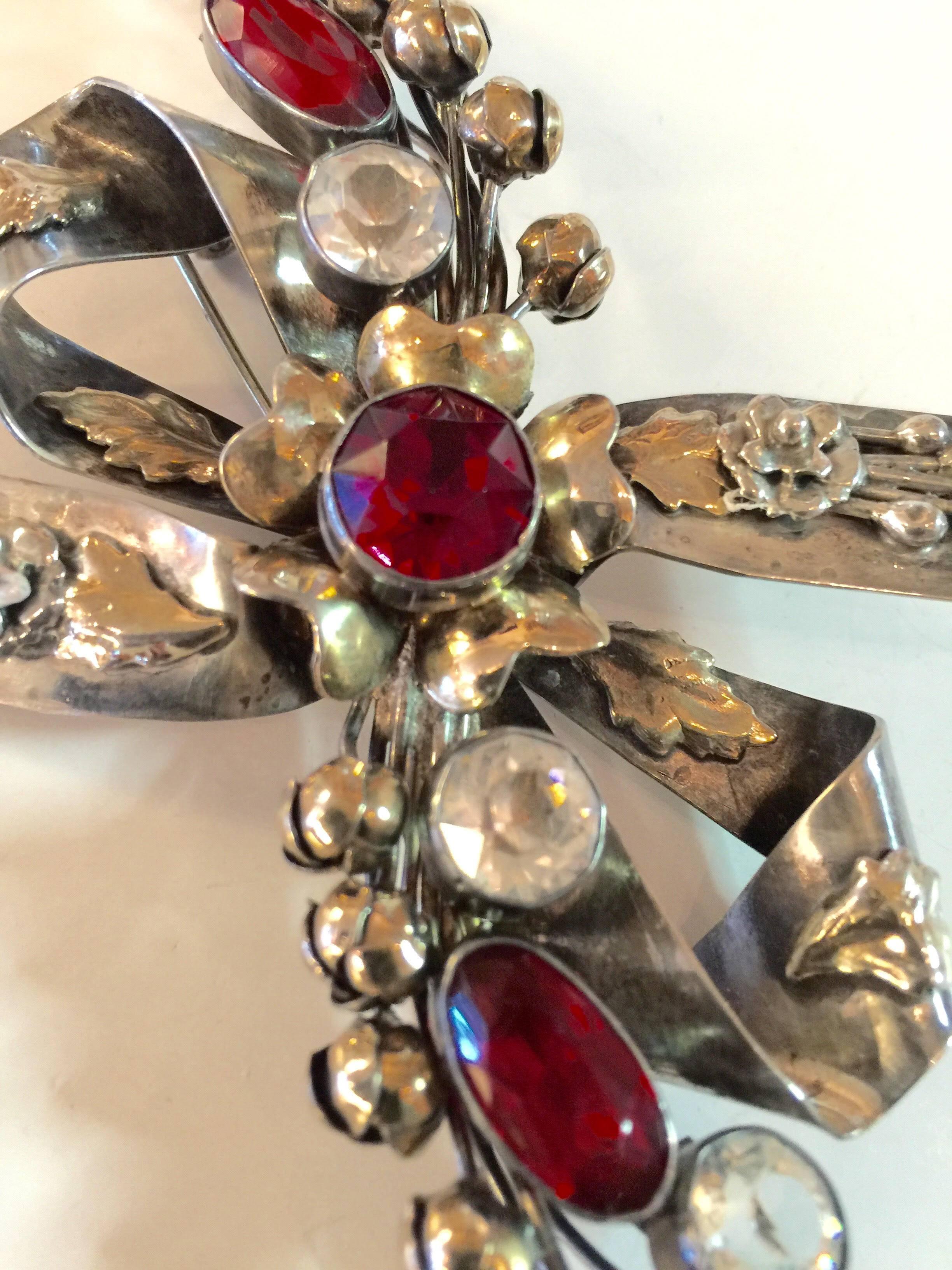 1940s HOBE Sterling and Gold Wash Faux Ruby Diamond Floral Bow Pin/Brooch In Excellent Condition For Sale In Palm Springs, CA
