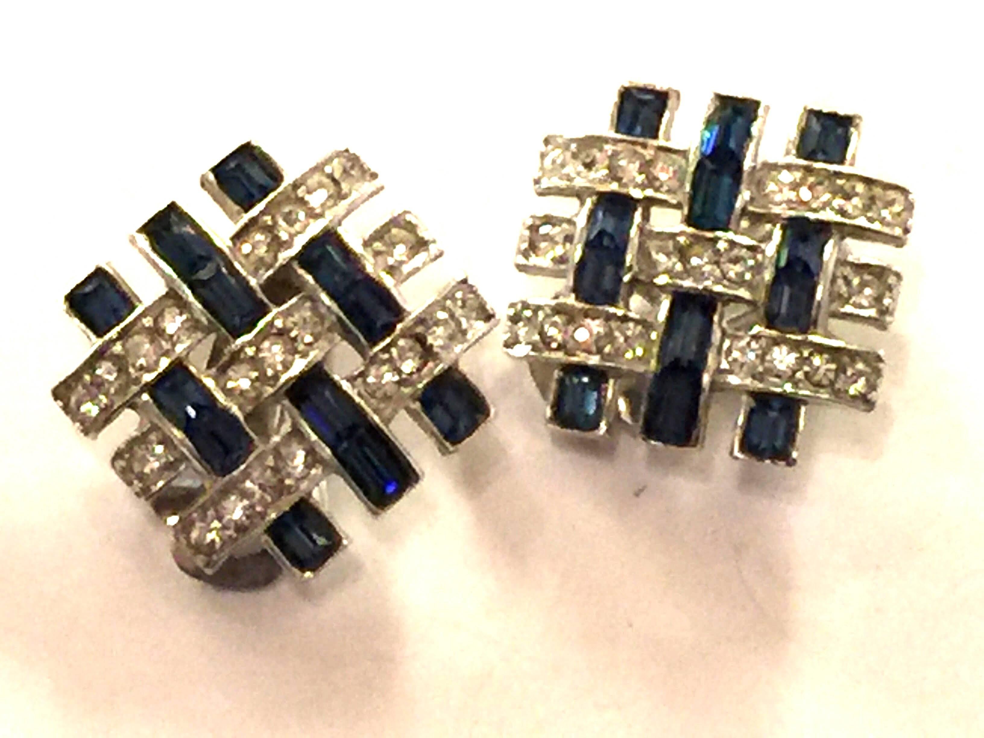BOUCHER Geometric Rhodium Faux Sapphire and Diamond Interlocked Square Earrings In Excellent Condition For Sale In Palm Springs, CA