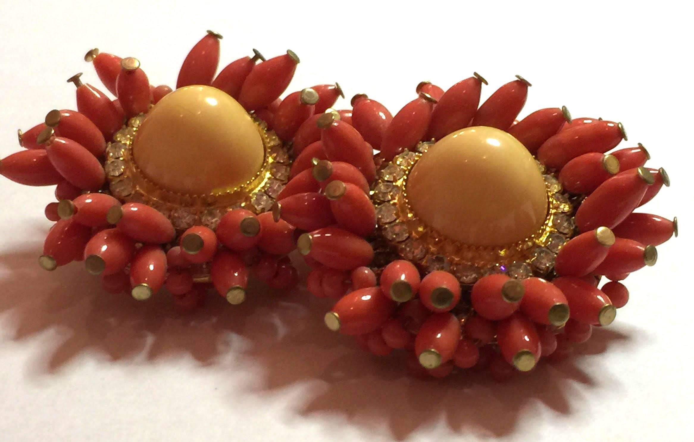 Women's 1960s Fabulous DeLillo Faux Coral and Diamond Clipback Earrings  For Sale