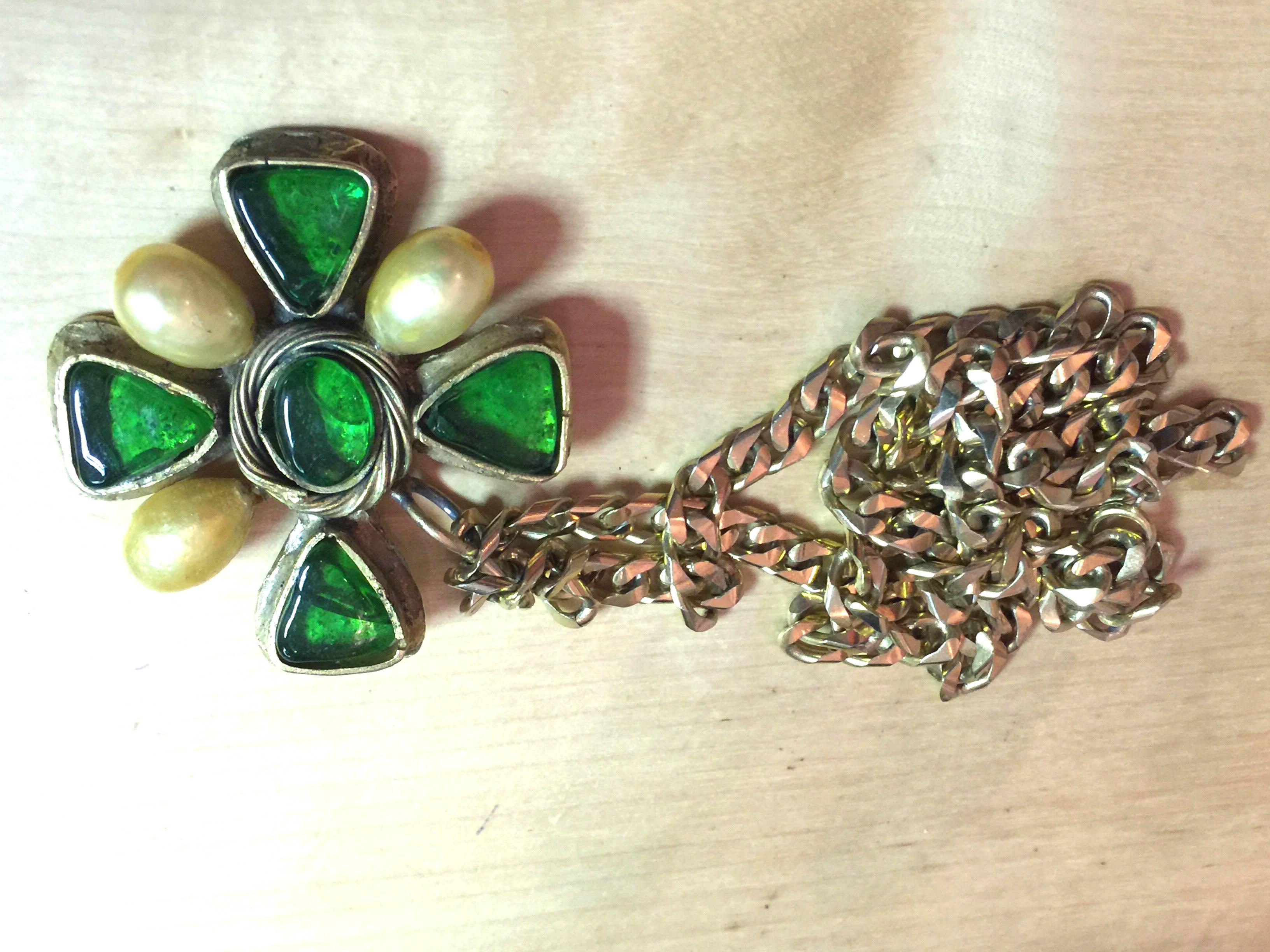CHANEL 60s Green Gripoix and Pearl Iron Cross Pendant Necklace 1