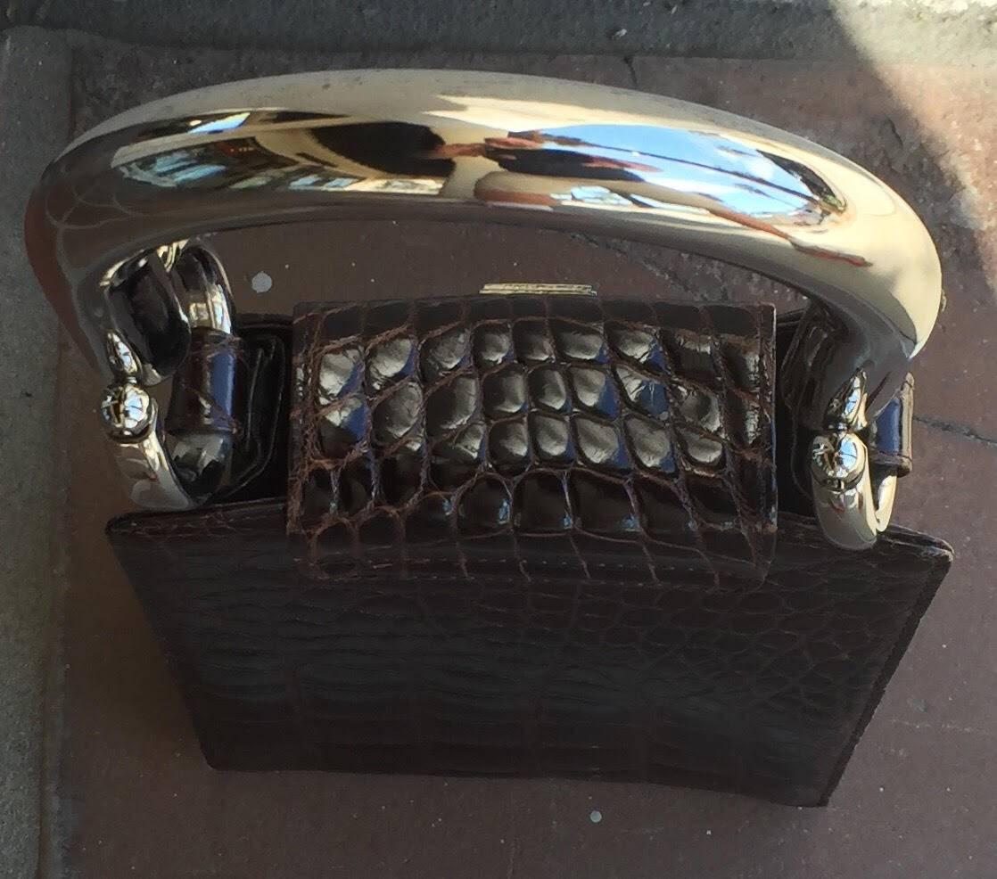 Black RARE Gianfranco FERRE Crocodile Purse Handbag Amazing Sterling Silver Handle For Sale