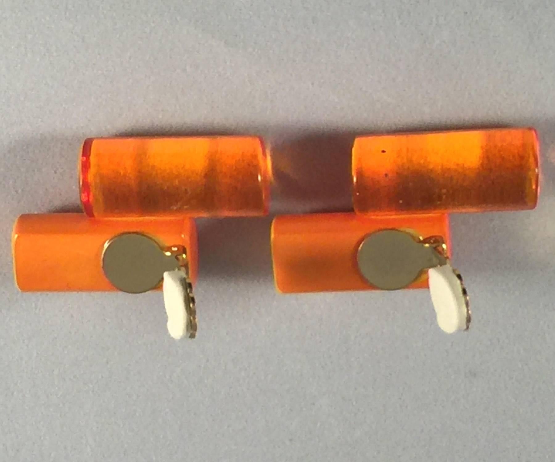 21st Century Tubular Brilliant Orange and Amber Acrylic Clip on Earrings In Excellent Condition In Palm Springs, CA