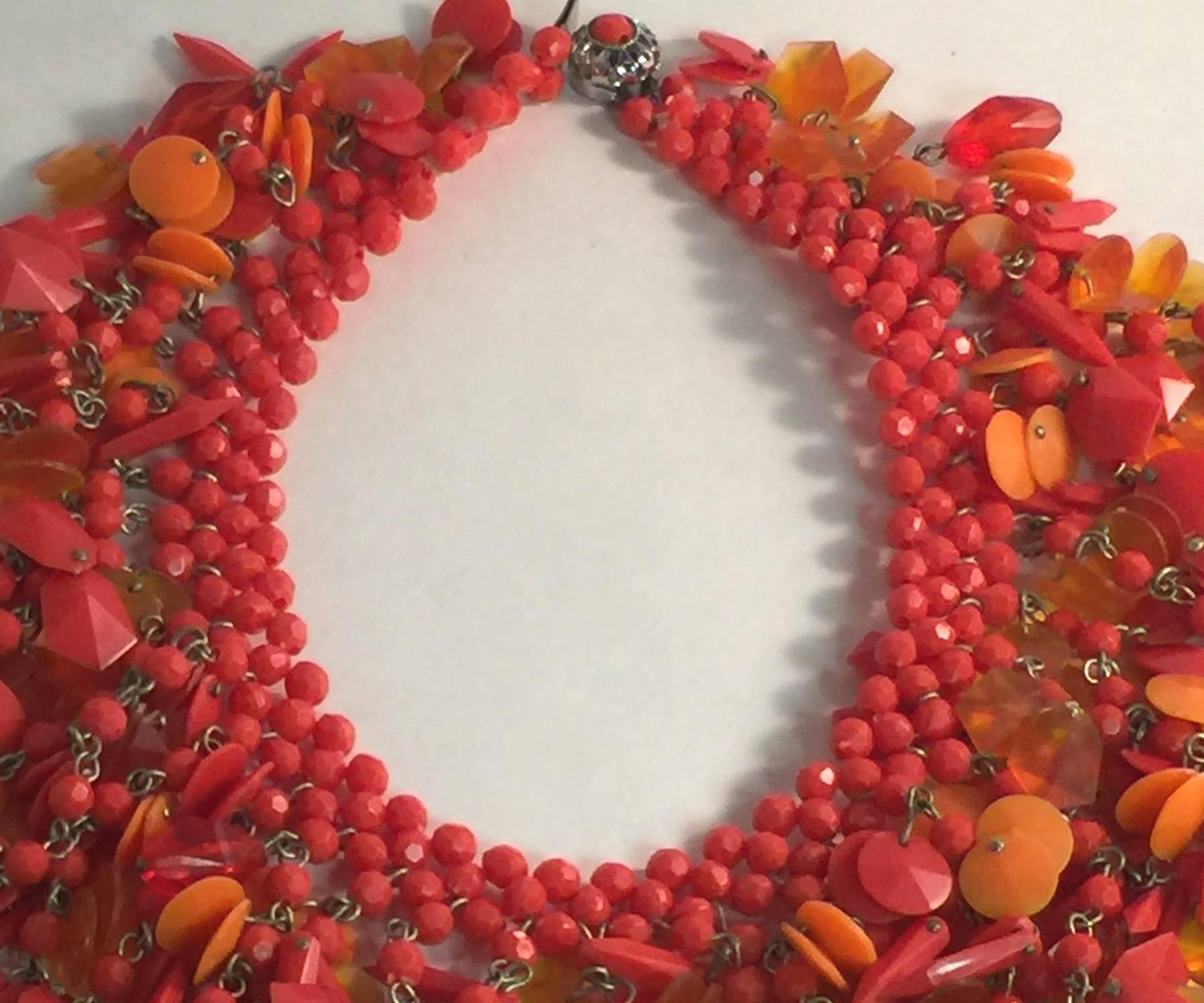 Definitively the finest West German acetate and plastic necklace EVER--this unsigned beauty bears all the hallmarks of West German fun fabulous costume jewelry style of the 1960s. Crocheted like the iconic Coppolla di Toppo 1960s Italian sought