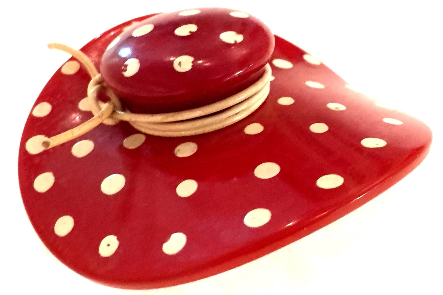 1930s Red Bakelite Polka Dotted Figural Hat Brooch/Pin For Sale 1