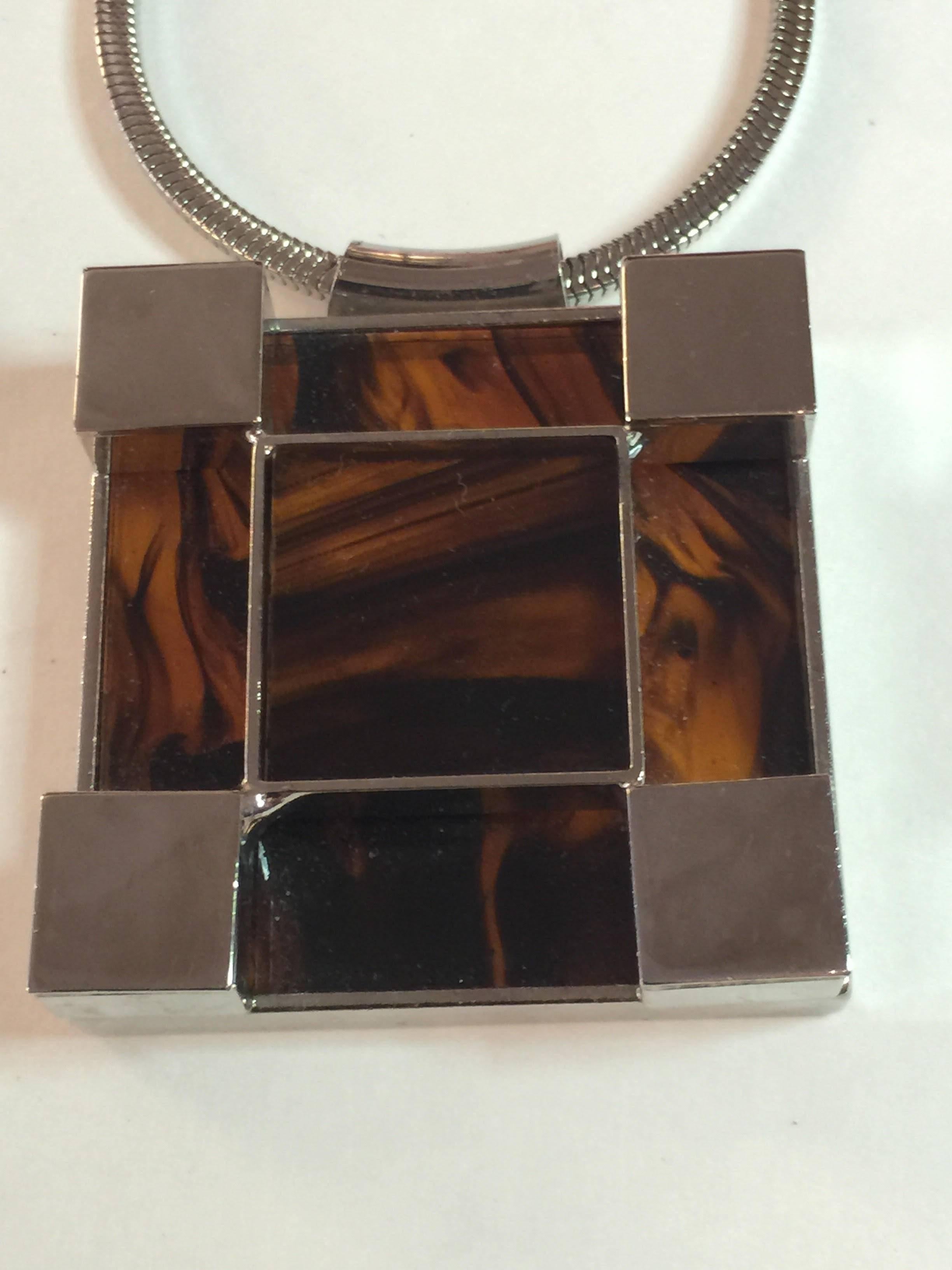 Chrome Tortoise Acetate Mid Century Modern Geometric Pendant Necklace 1