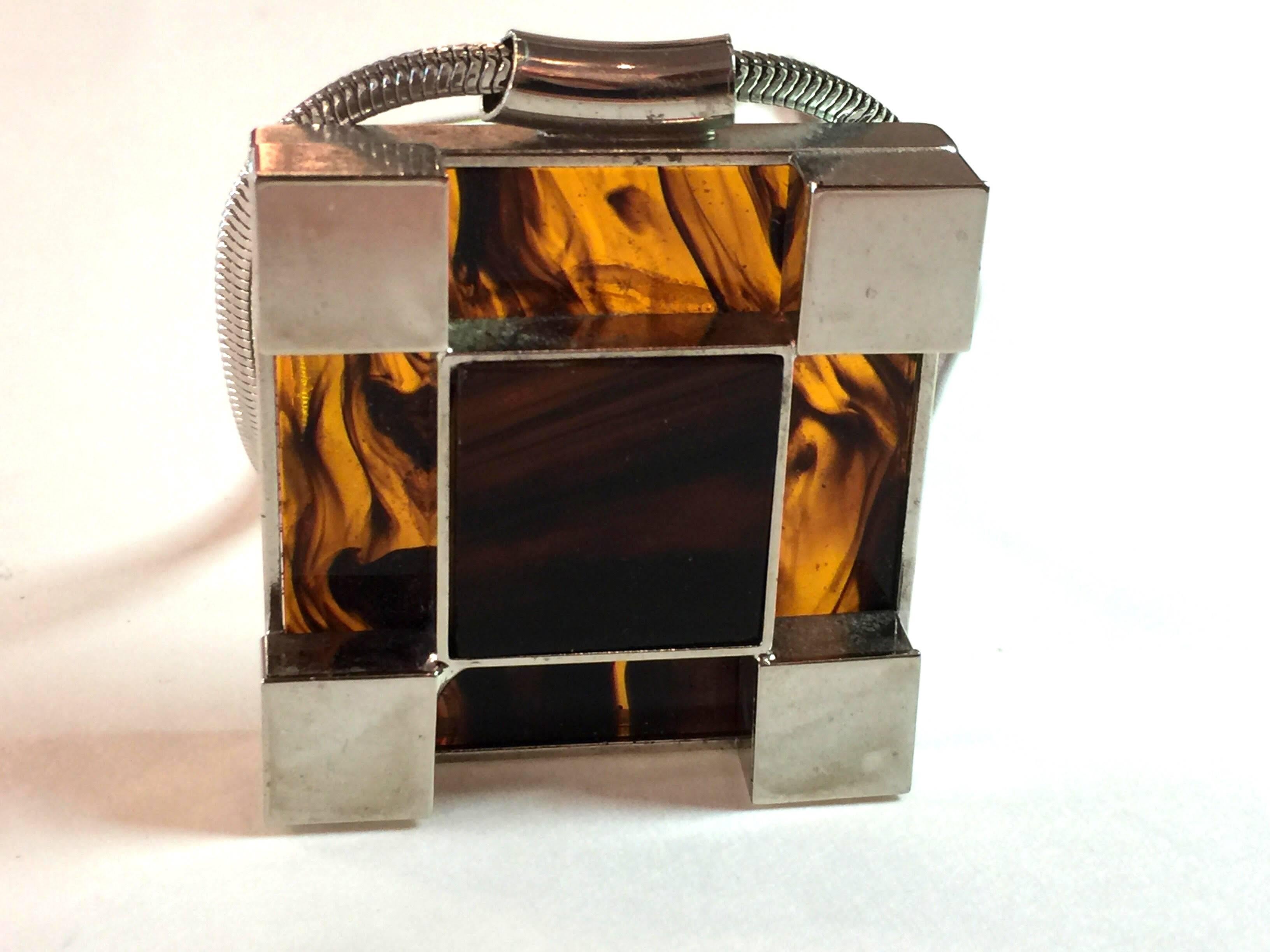 Chrome Tortoise Acetate Mid Century Modern Geometric Pendant Necklace In Excellent Condition In Palm Springs, CA