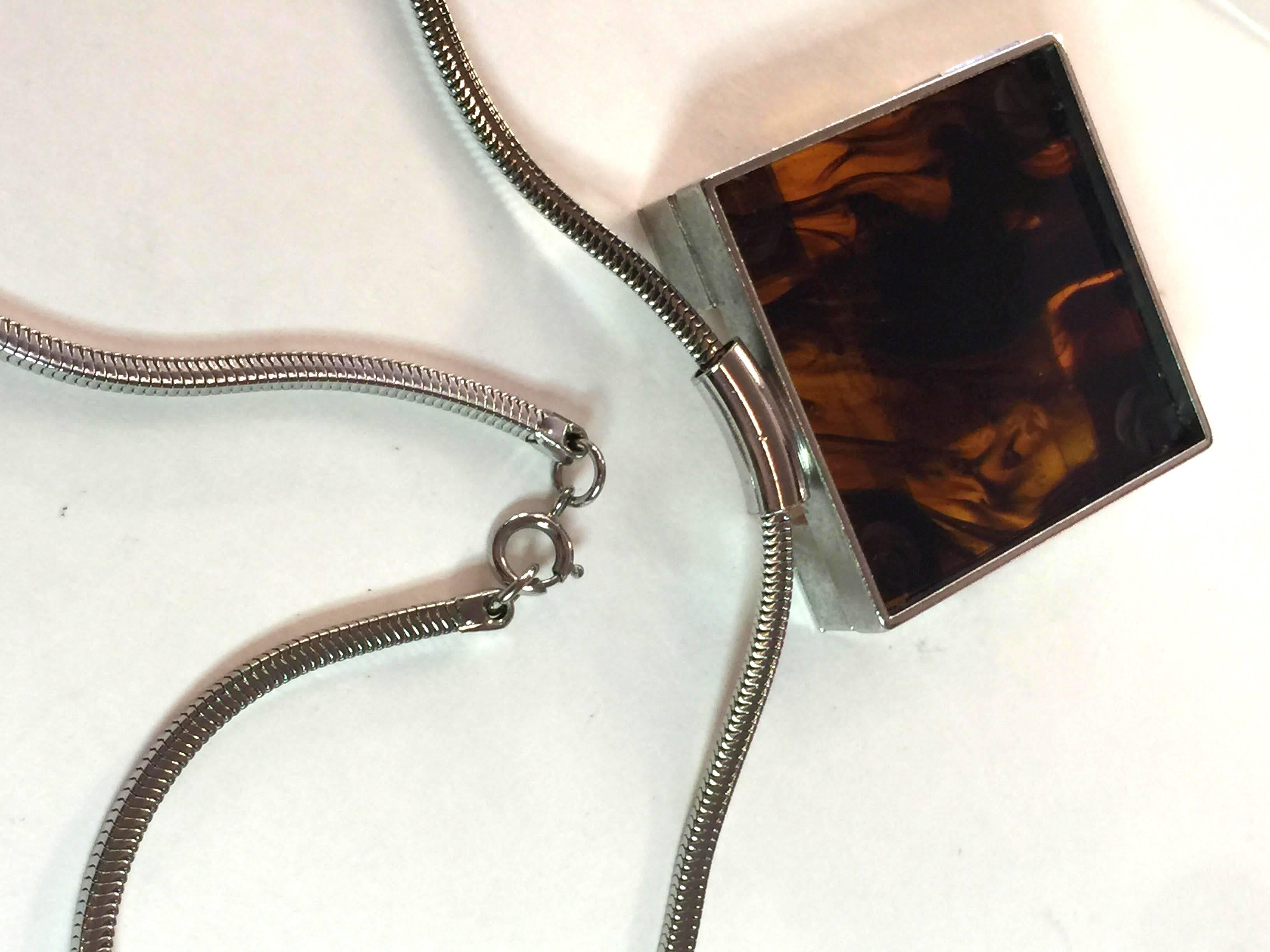 Chrome Tortoise Acetate Mid Century Modern Geometric Pendant Necklace 2