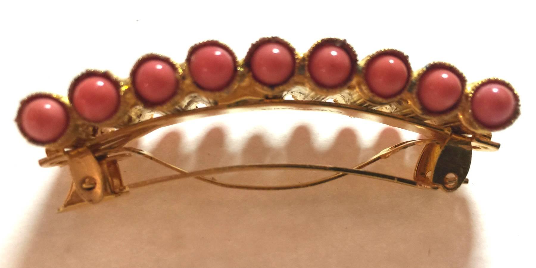 Made in France Gilt Goldtone Faux Coral Cabochon Studded Hair Ornament 1