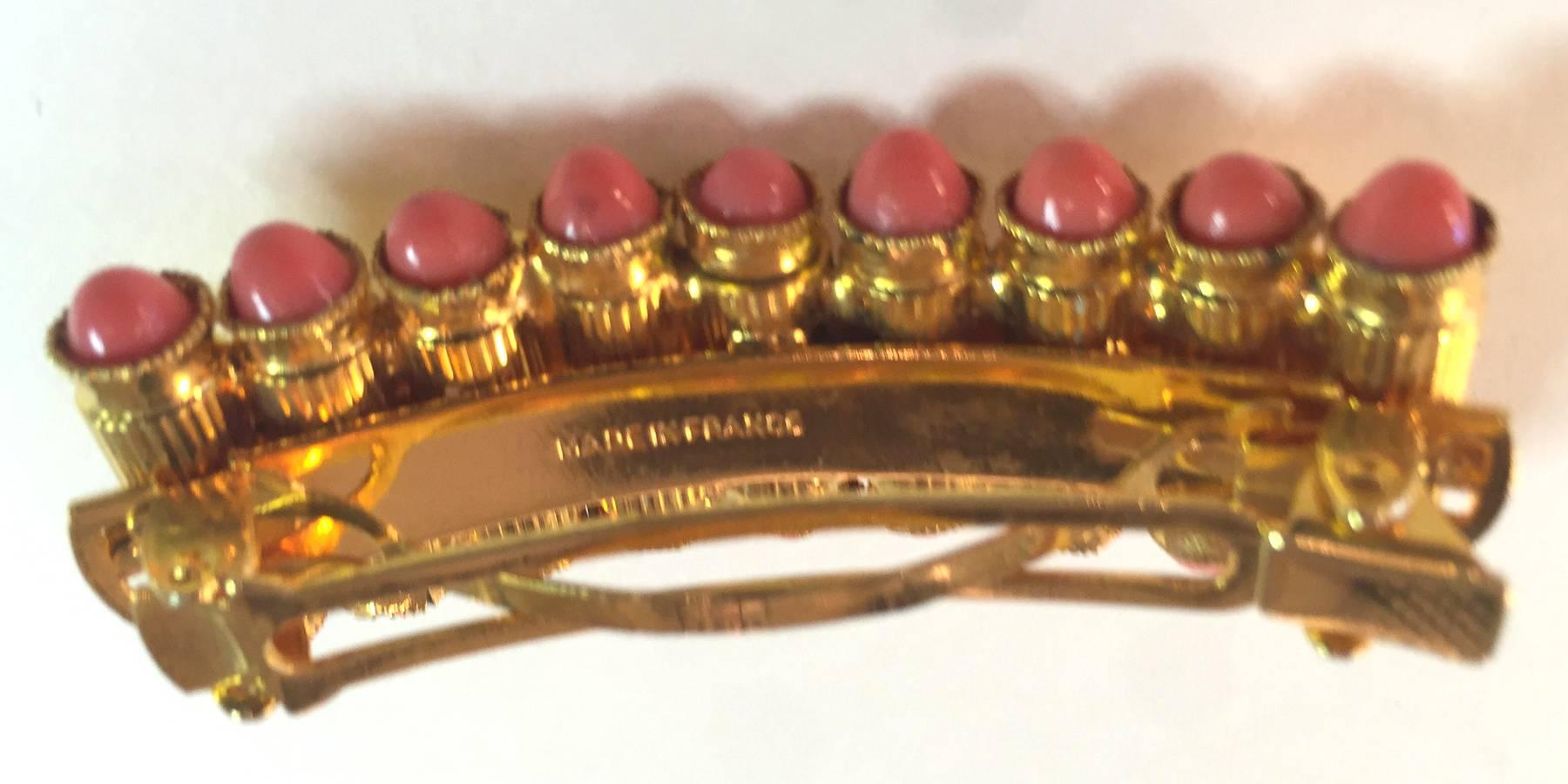 Made in France Gilt Goldtone Faux Coral Cabochon Studded Hair Ornament 3