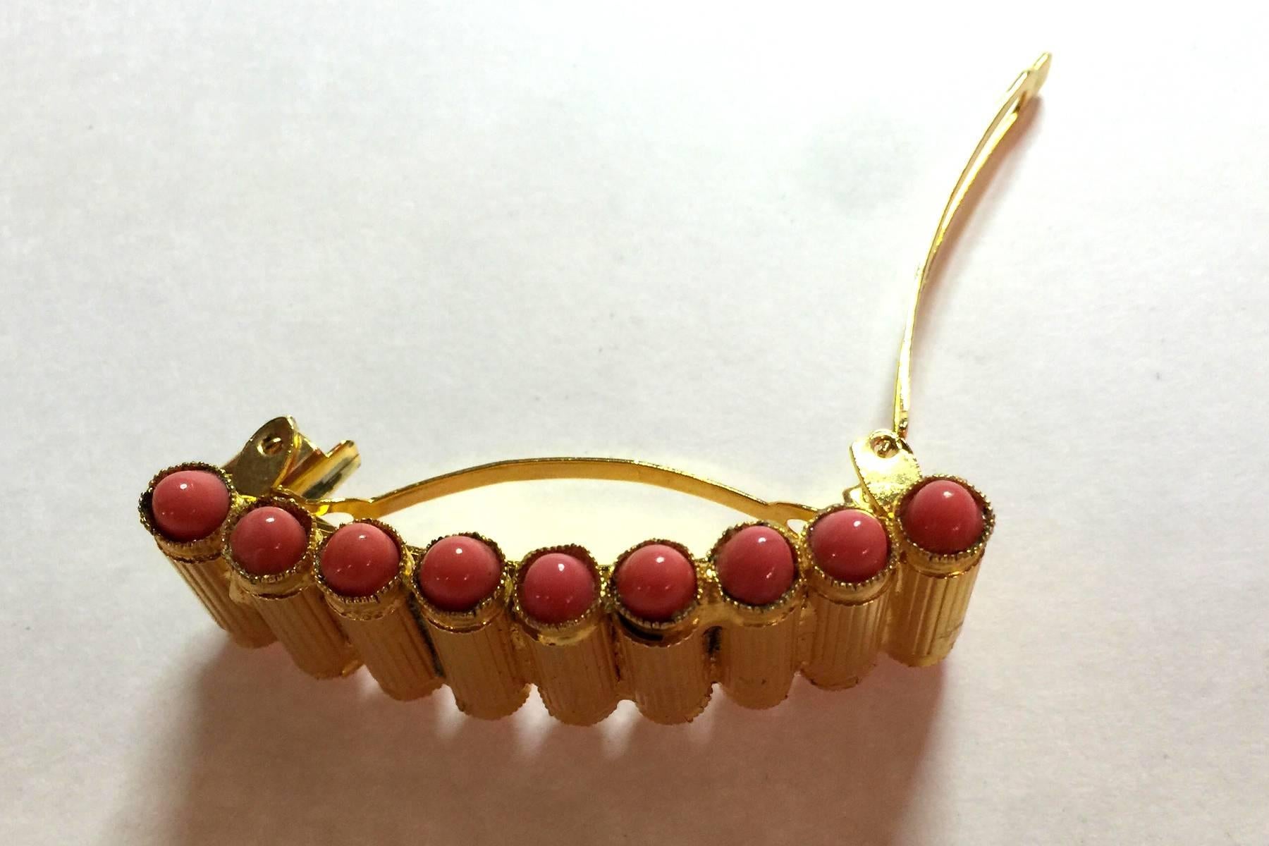 Made in France Gilt Goldtone Faux Coral Cabochon Studded Hair Ornament In Excellent Condition In Palm Springs, CA