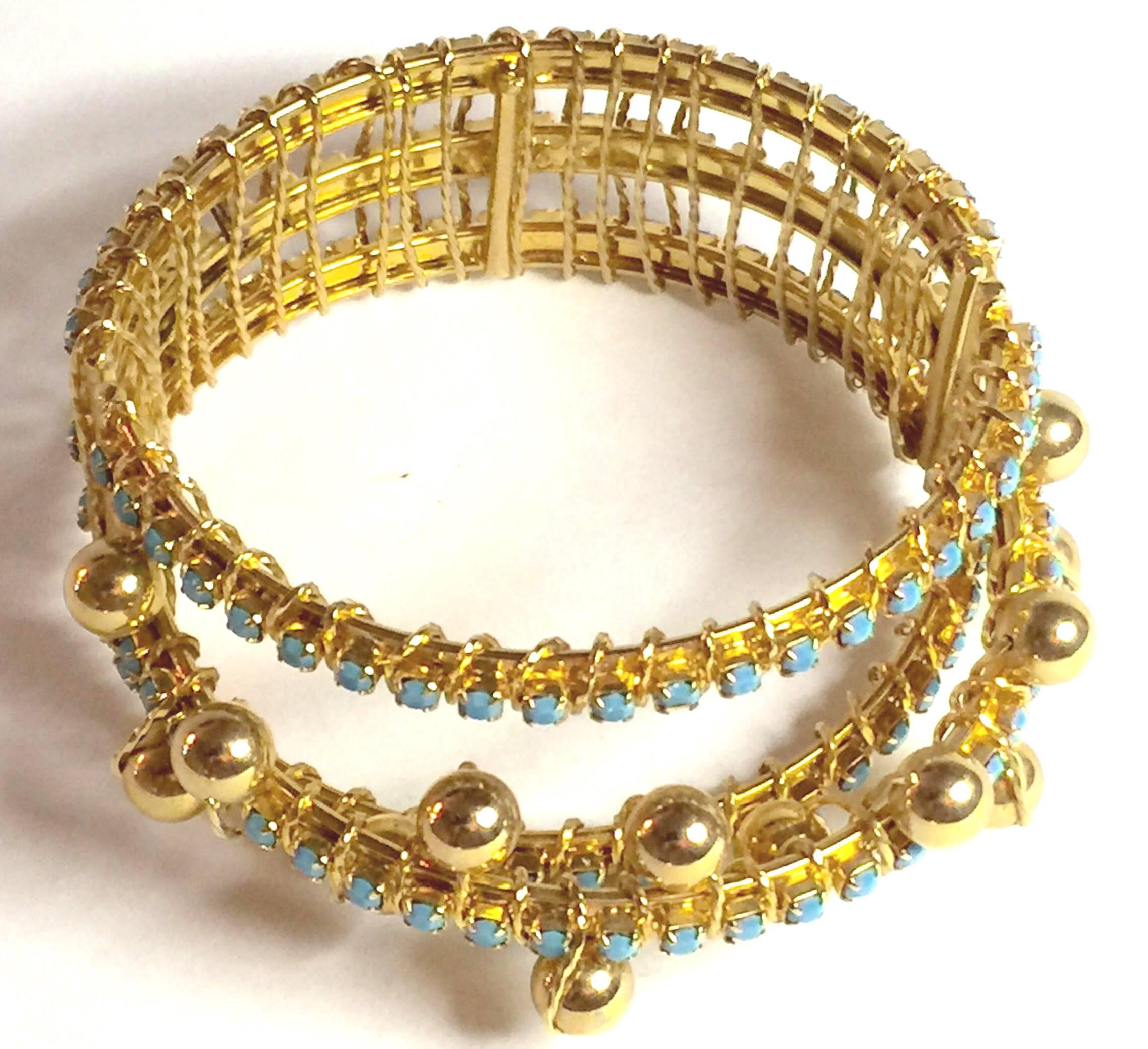 DeLillo Modernist Wirewrapped Goldtone Aqua Stones & Ball Accent Hinged Bracelet For Sale 2