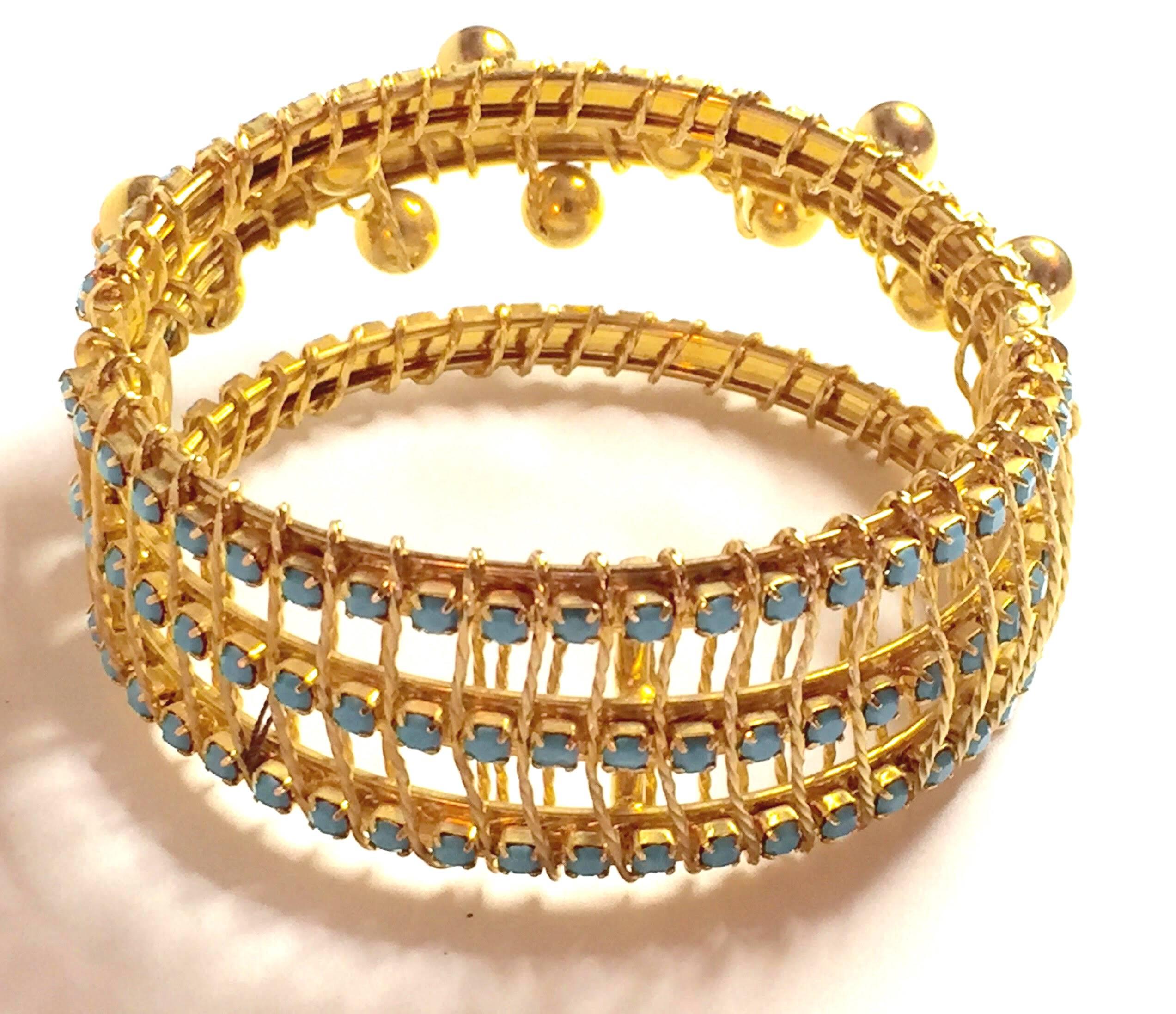DeLillo Modernist Wirewrapped Goldtone Aqua Stones & Ball Accent Hinged Bracelet In Excellent Condition For Sale In Palm Springs, CA