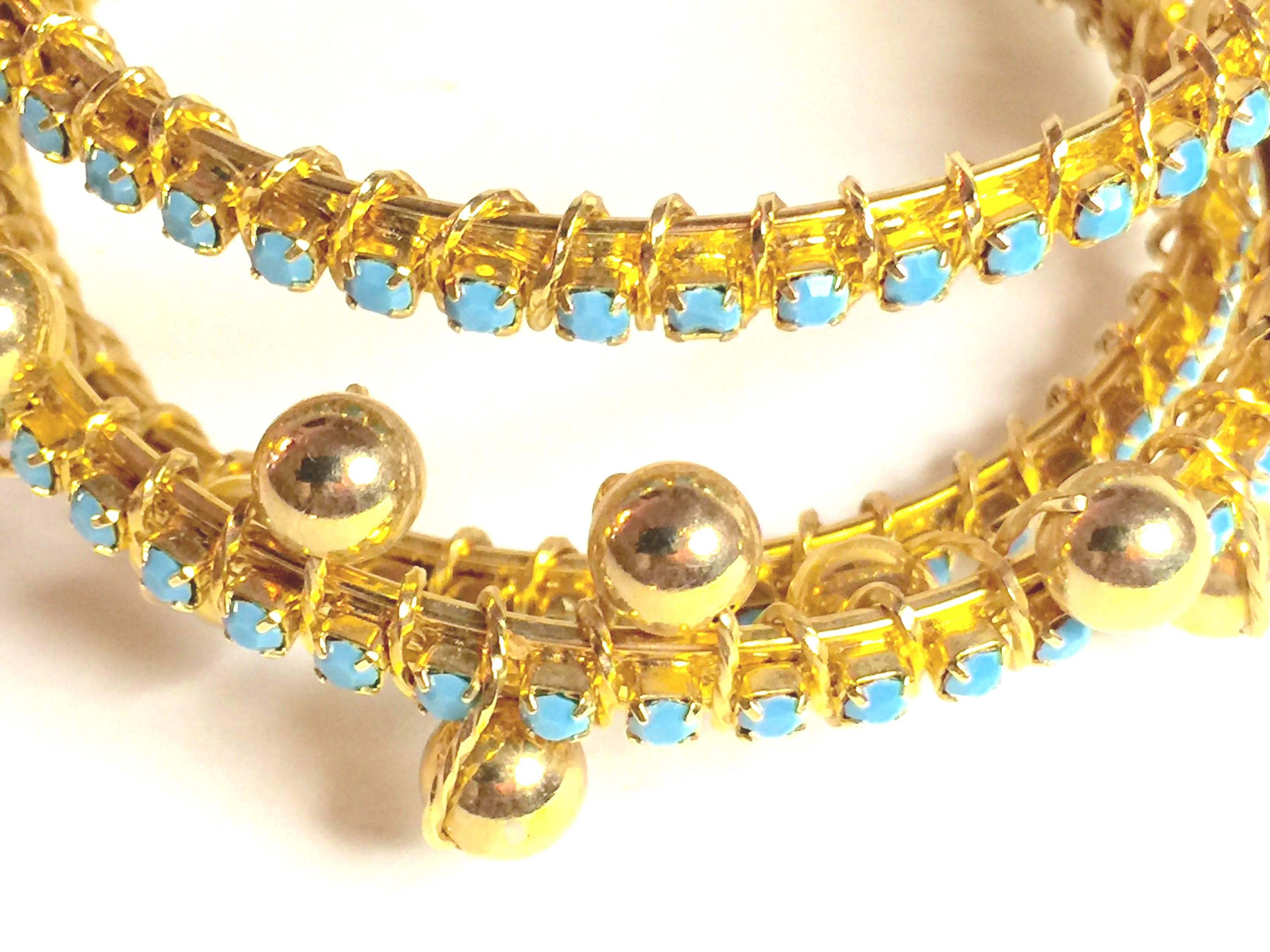 DeLillo Modernist Wirewrapped Goldtone Aqua Stones & Ball Accent Hinged Bracelet For Sale 5