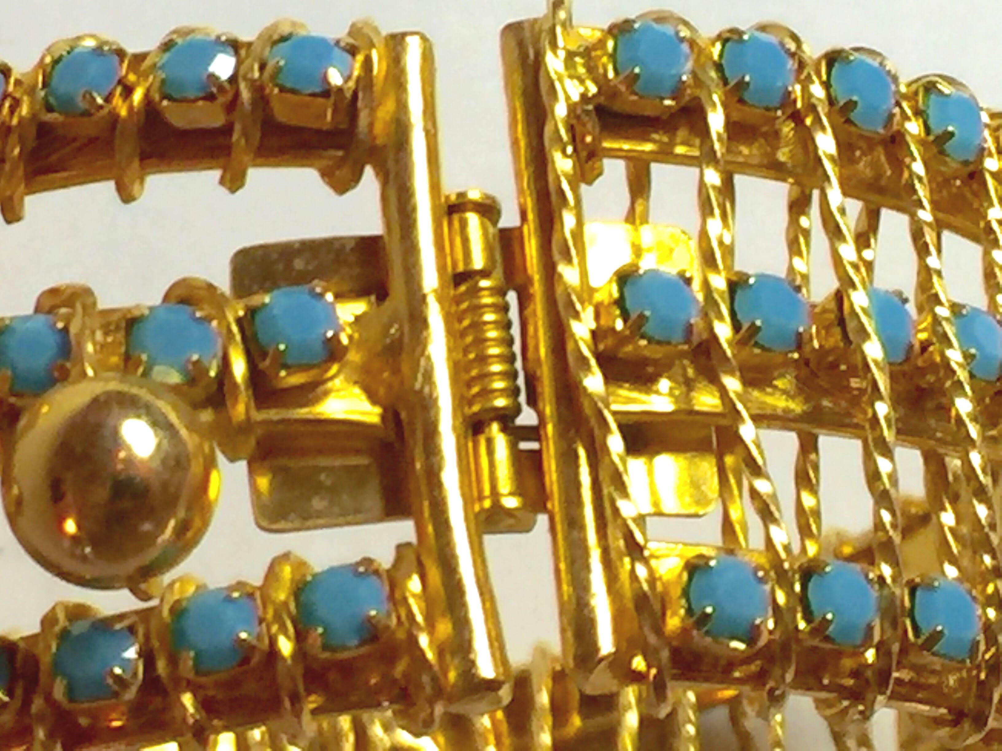 DeLillo Modernist Wirewrapped Goldtone Aqua Stones & Ball Accent Hinged Bracelet For Sale 6