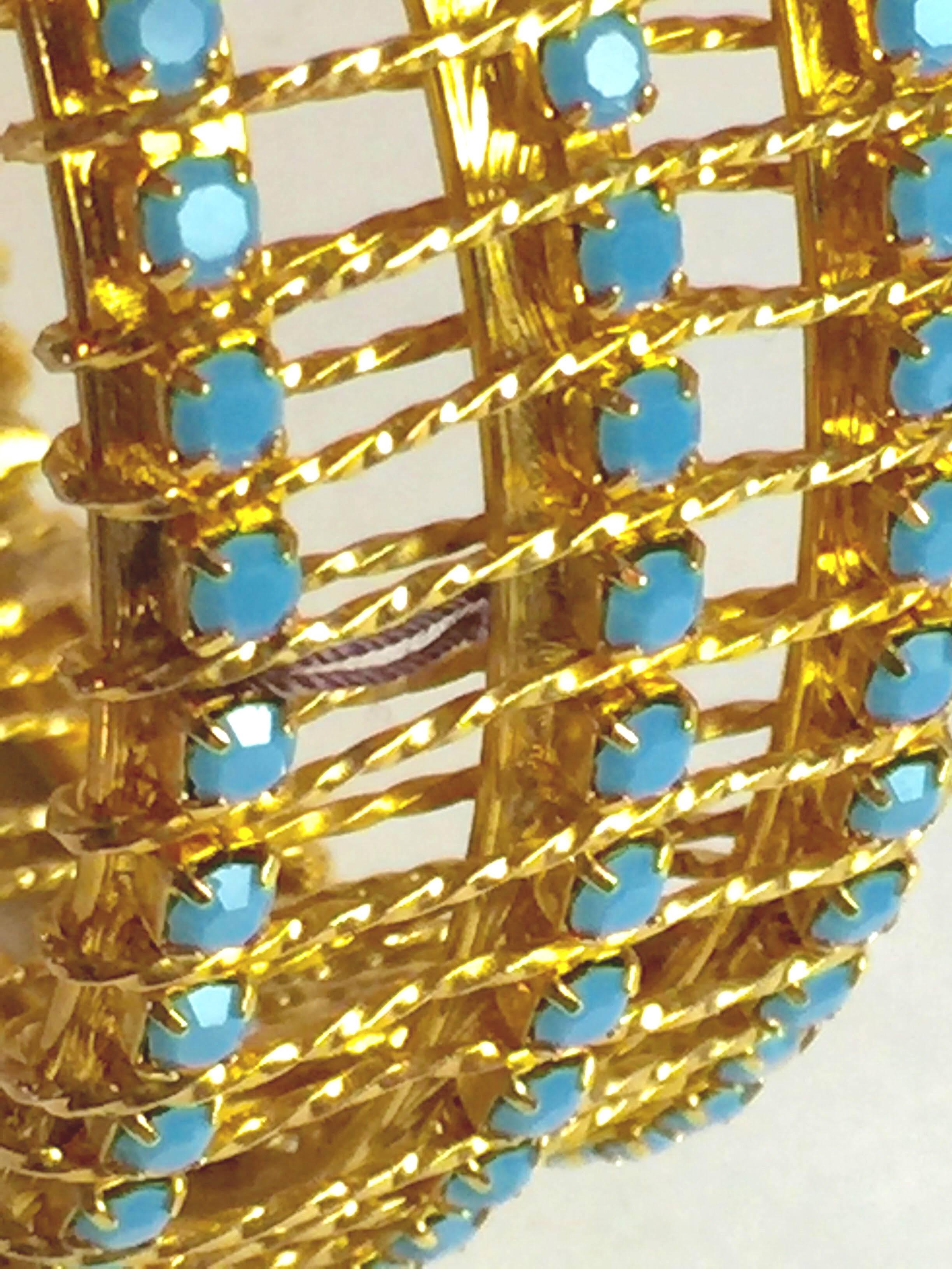 DeLillo Modernist Wirewrapped Goldtone Aqua Stones & Ball Accent Hinged Bracelet For Sale 3