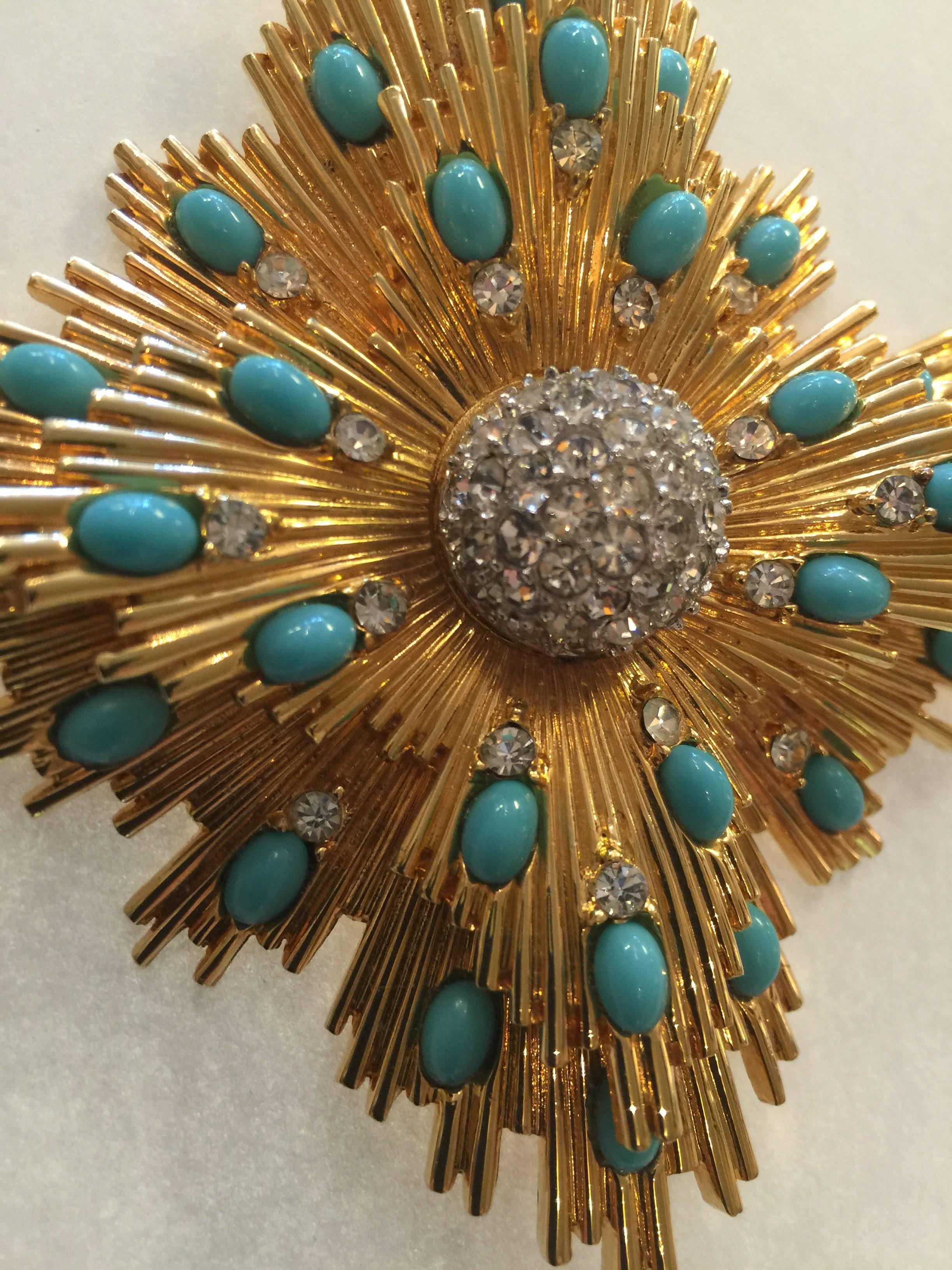 Jomaz Modernist Quatrefoil Sunburst Goldtone Diamante Aqua Cabochon Brooch Pin  3