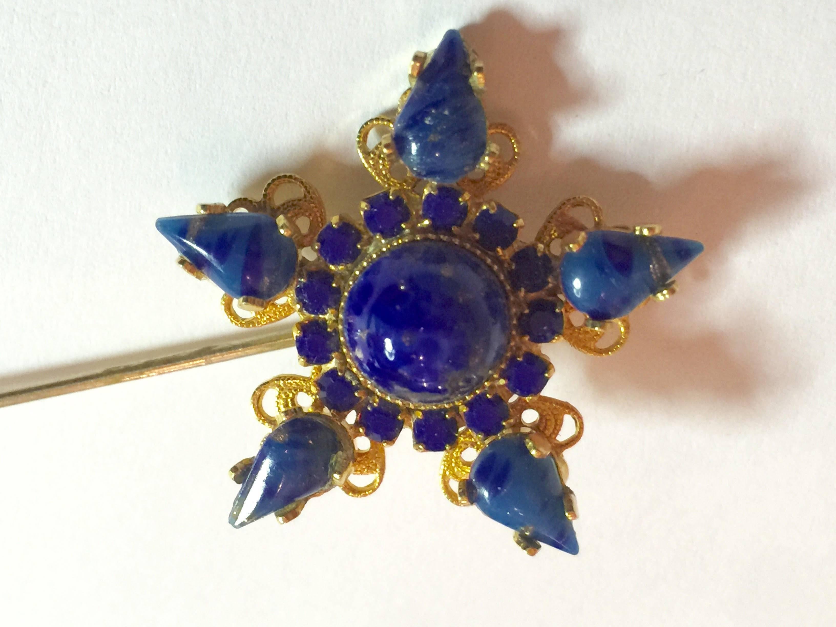 1970s DeLillo Faux Lapis Star Shaped Jabot style Hat Pin Brooch For Sale 2