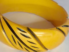 1930s Resin Washed Buttercream with Black Carved Bakelite Bangle Bracelet