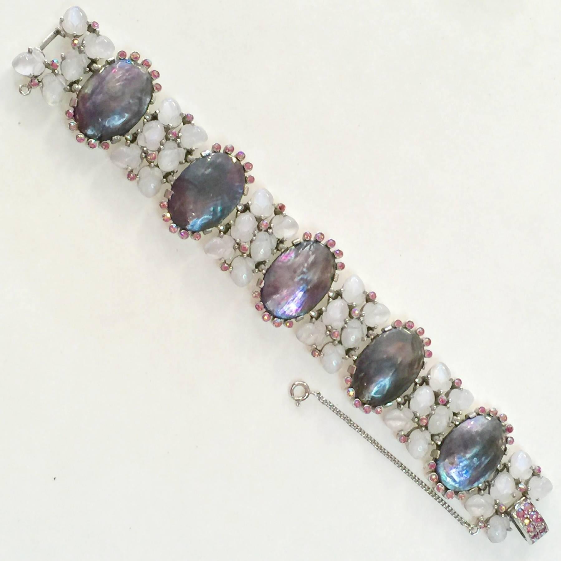 VERY RARE Trifari Moonstone Fruit Salad Pink Borealis Mother of Pearl Bracelet In Excellent Condition For Sale In Palm Springs, CA