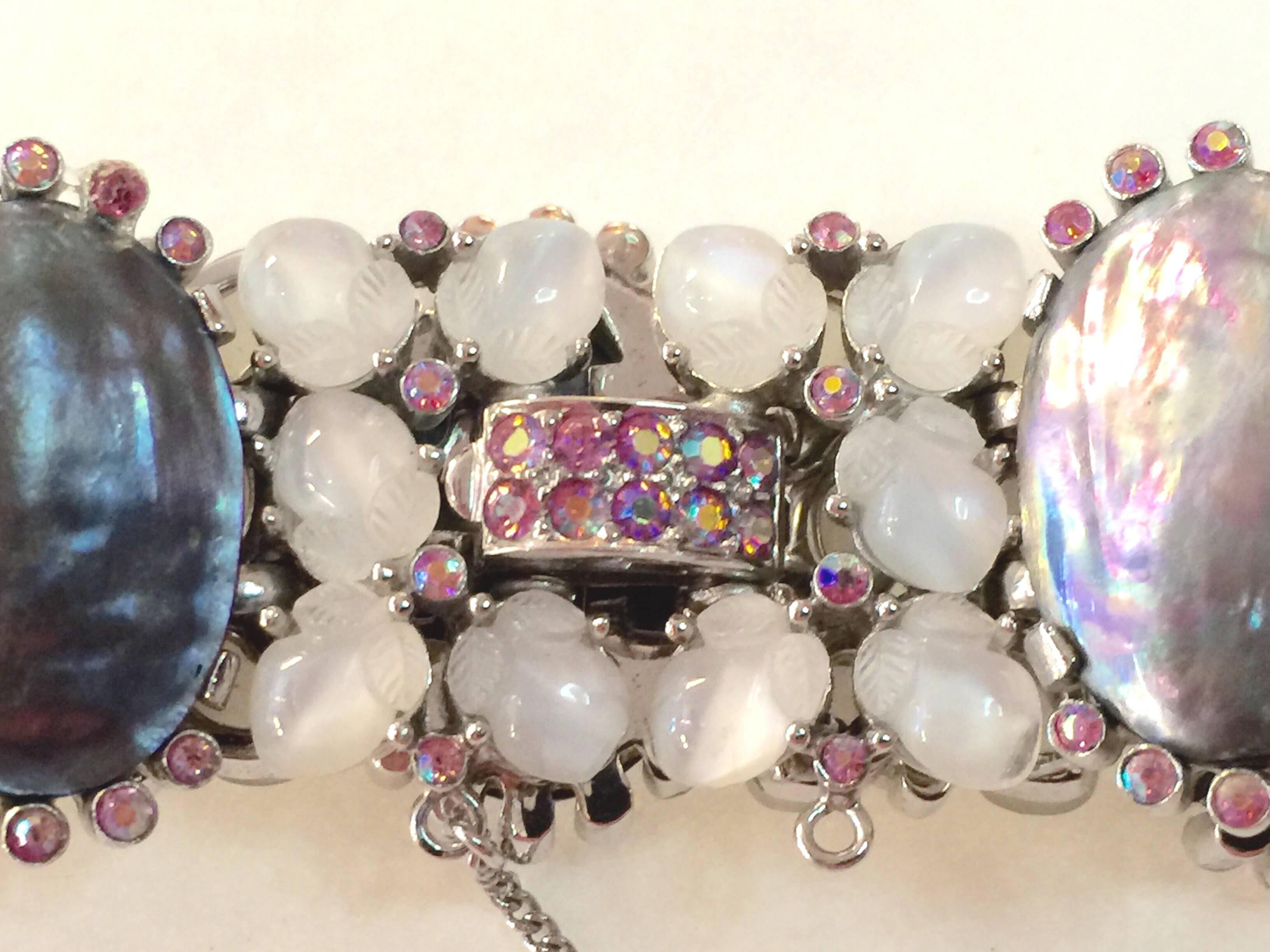 A masterwork of designer Alfred Phillipe's work for this most storied of American Vintage Costume Jewelry companies, this VERY RARE Trifari Moonstone Fruit Salad Pink Borealis Mother of Pearl Bracelet is SPECIAL. Oval Mother of Pearl plaques set in