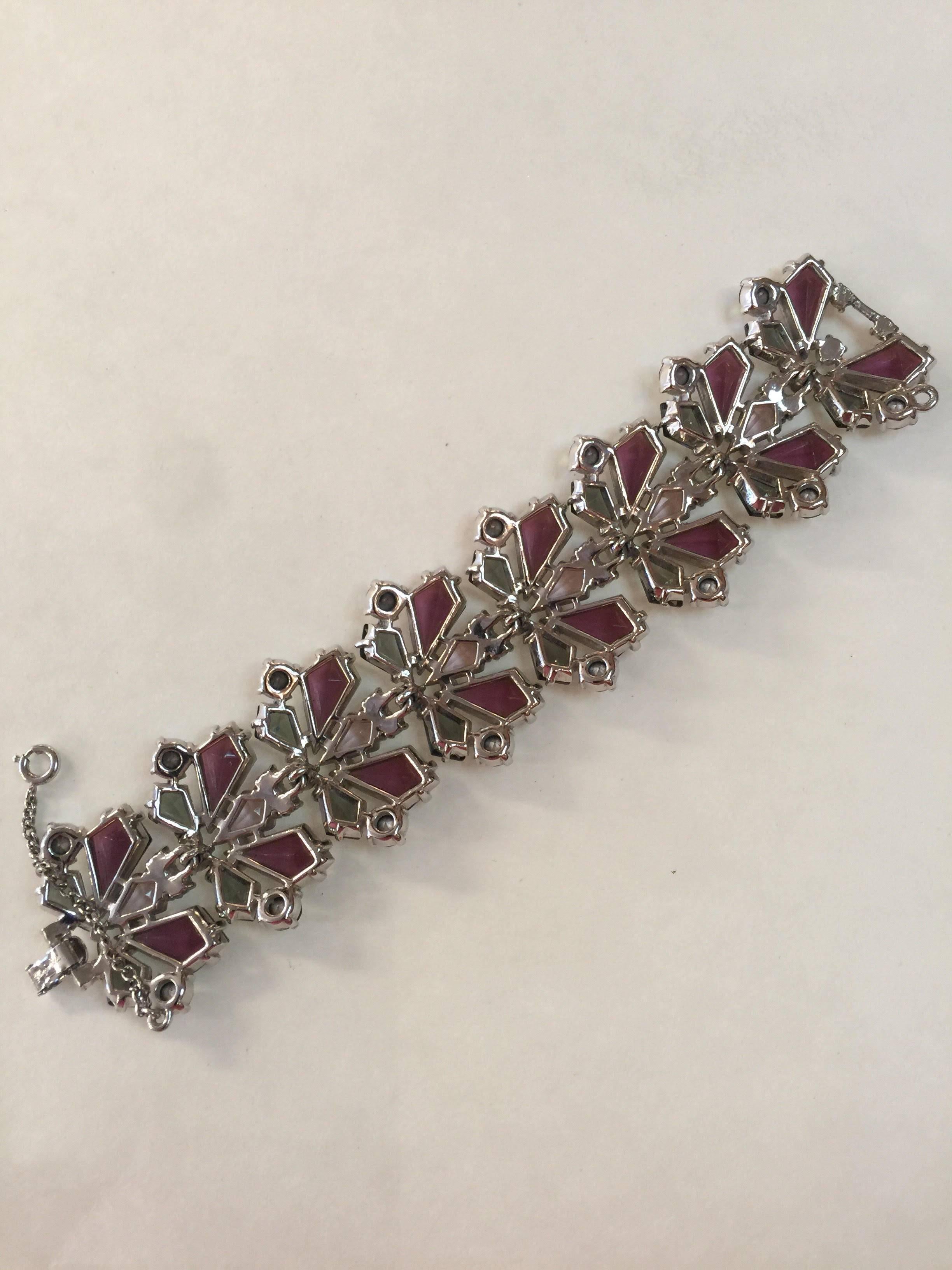 RARE 1960s Schiaparelli Amethyst Link Bracelet Clip On Earring Set For Sale 1