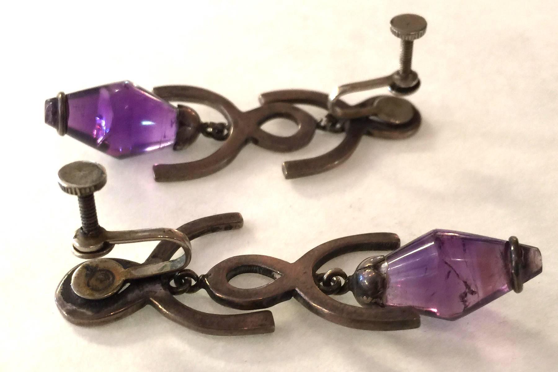 Silver/Amethyst Screwback Drop Earrings In Good Condition For Sale In Palm Springs, CA