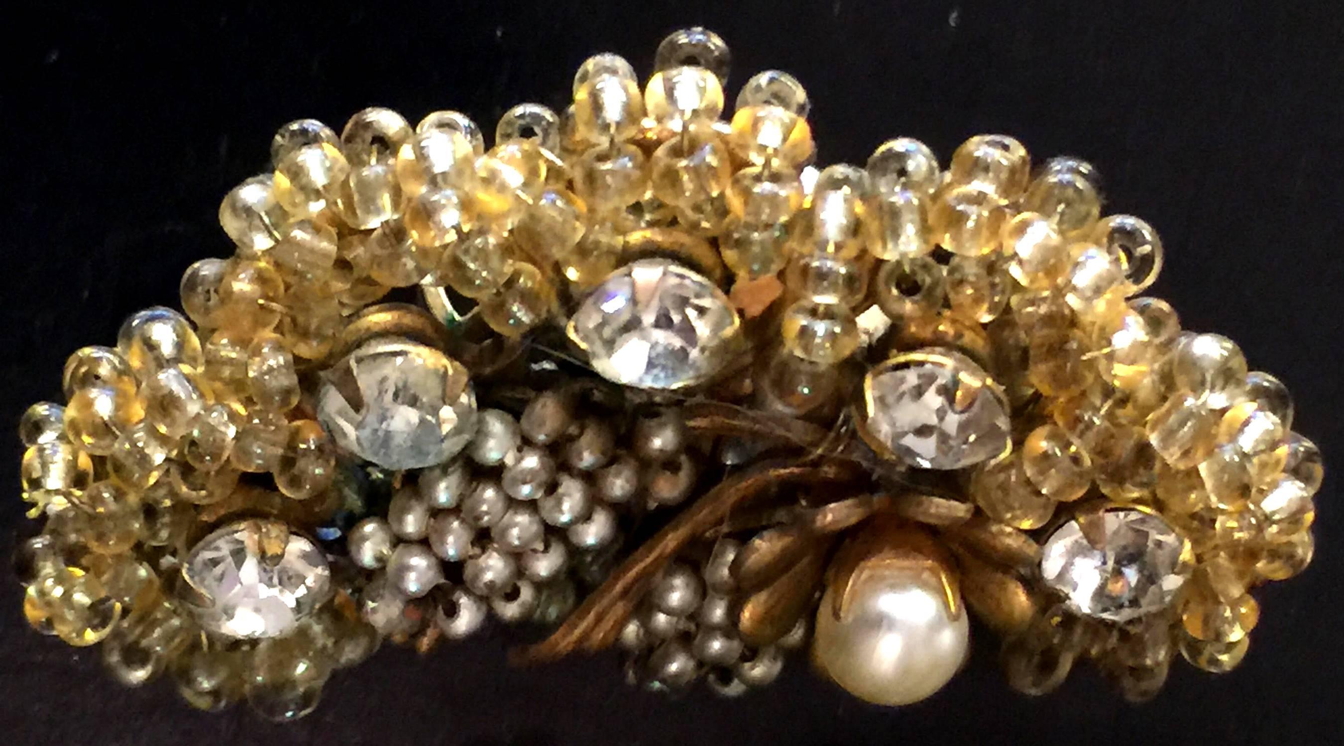 MIRIAM HASKELL Intricate Seed Pearl Crystal Clip Crescent Earrings In Excellent Condition For Sale In Palm Springs, CA