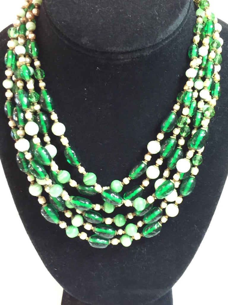 MIRIAM HASKELL Multistrand Faux Emerald Baroque Pearl Necklace at 1stDibs
