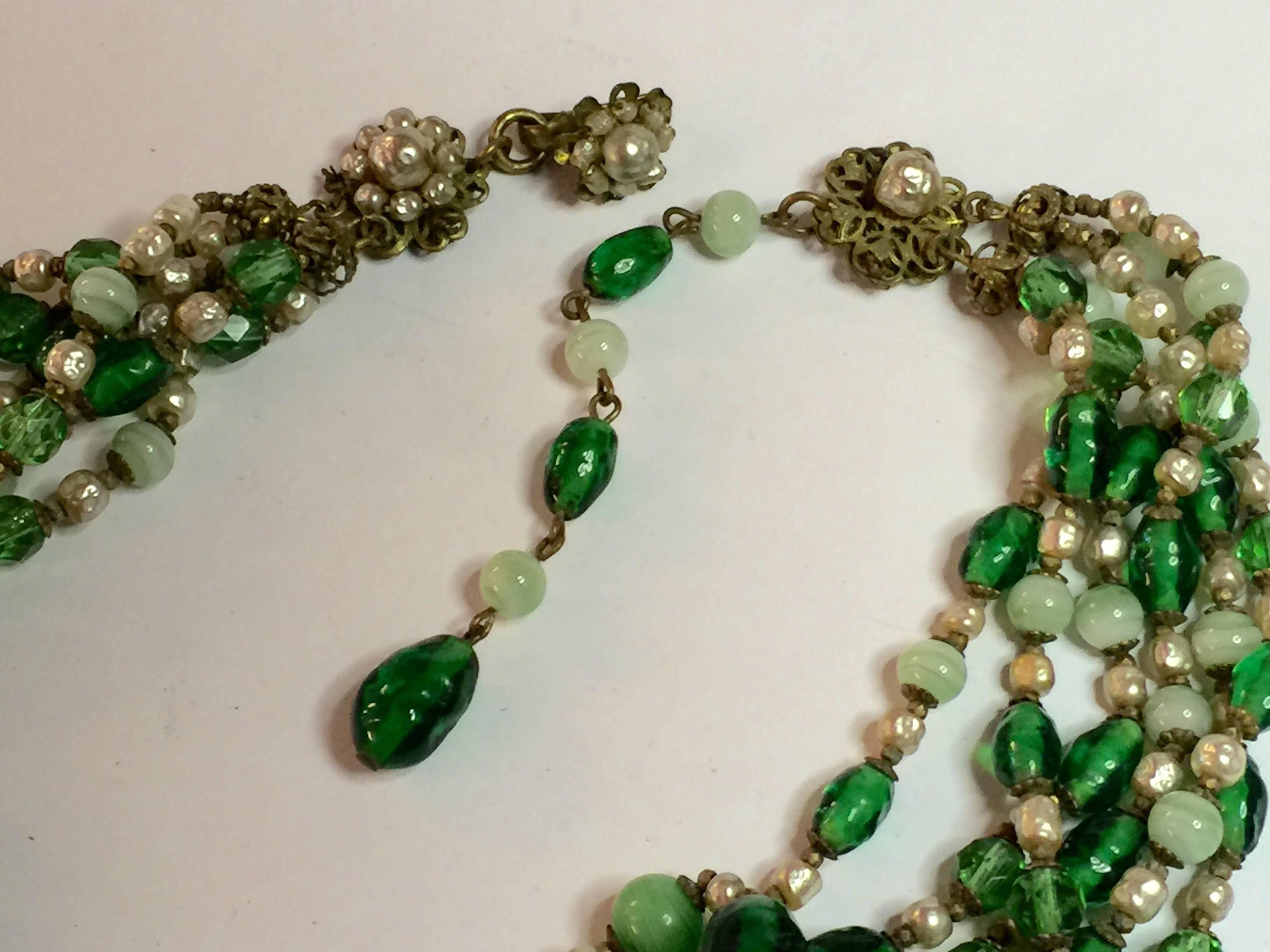 MIRIAM HASKELL Multistrand Faux Emerald Baroque Pearl Necklace In Excellent Condition In Palm Springs, CA