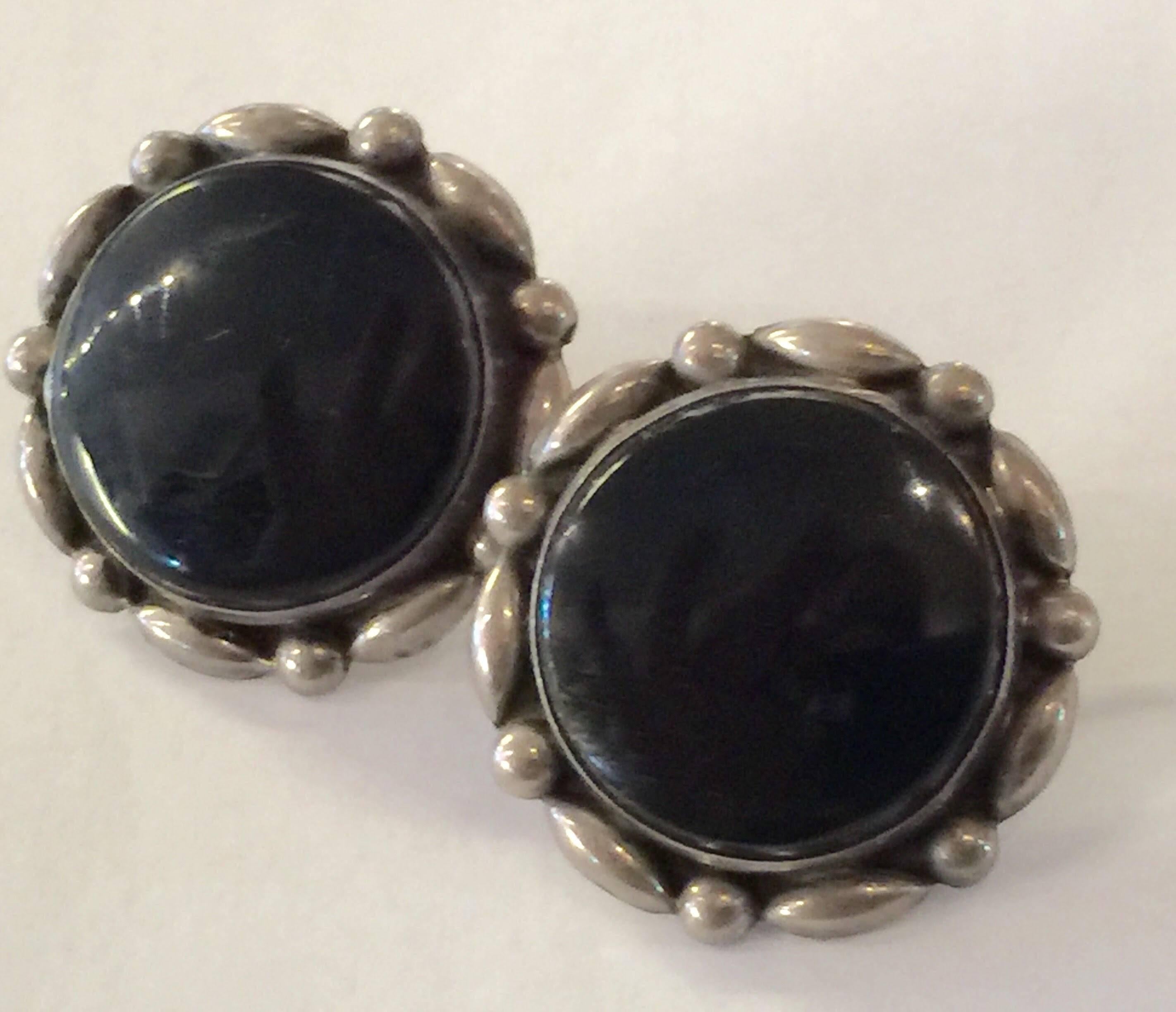 Women's Mexican Sterling LEY Onyx Round Screwback Earrings For Sale