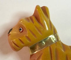 1930s Cream Bakelite Heavily Carved Scotty Dog Pin Brooch Gold Leather Collar