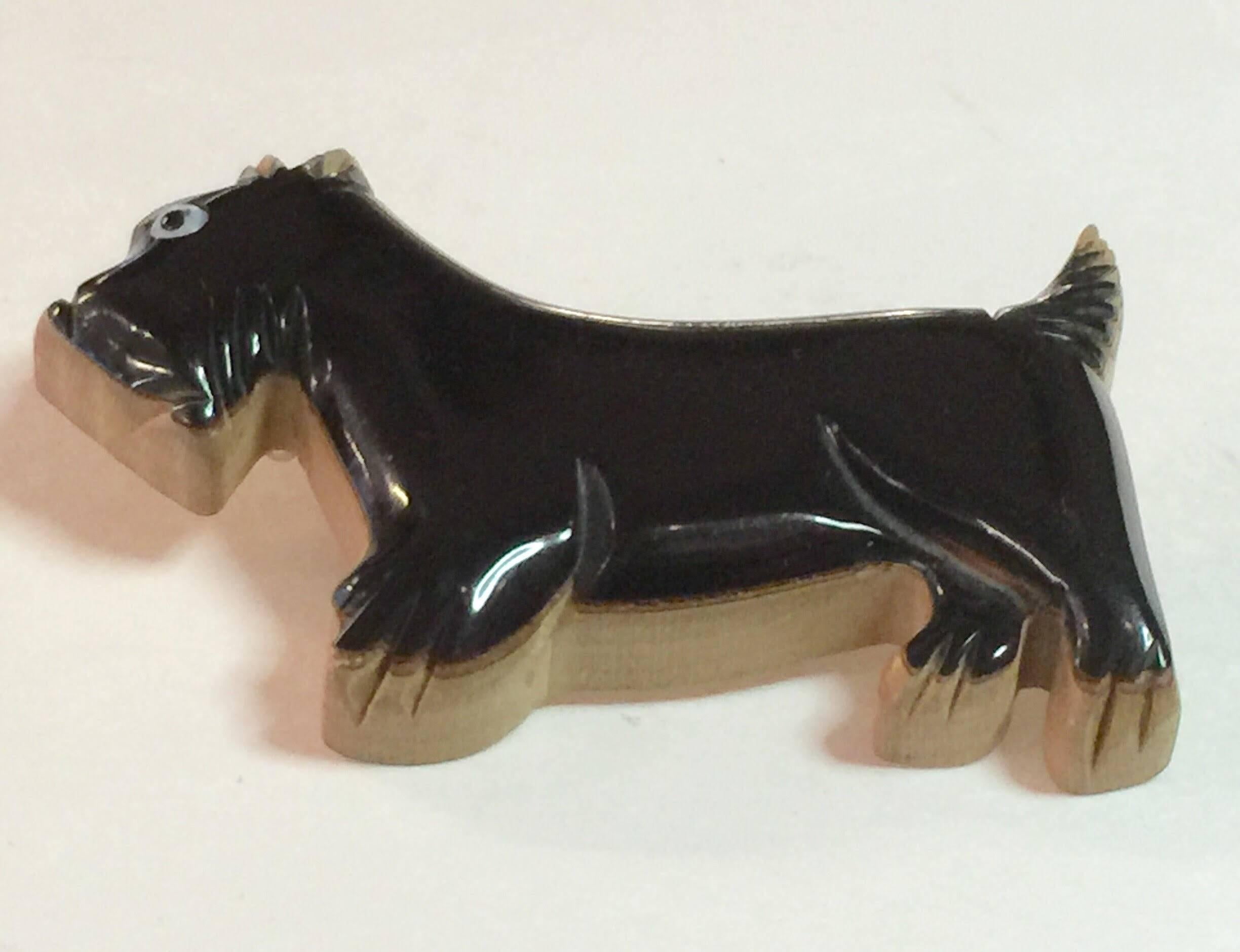 Women's or Men's 1930s Black Bakelite and Laminated Wood Scotty Dog Pin Brooch For Sale