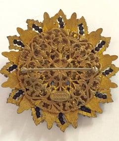 MIRIAM HASKELL Brown Amber Seed Glass Bead Antiqued Goldtone Circular Brooch Pin
