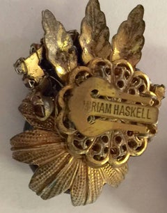 Miriam Haskell Brown and Amber Diamante Gilt Filigree Clip On Earrings
