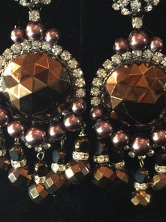 VRBA Chocolate Brown Pearlized  Faceted Copper Huge Drop Clip On Earrings