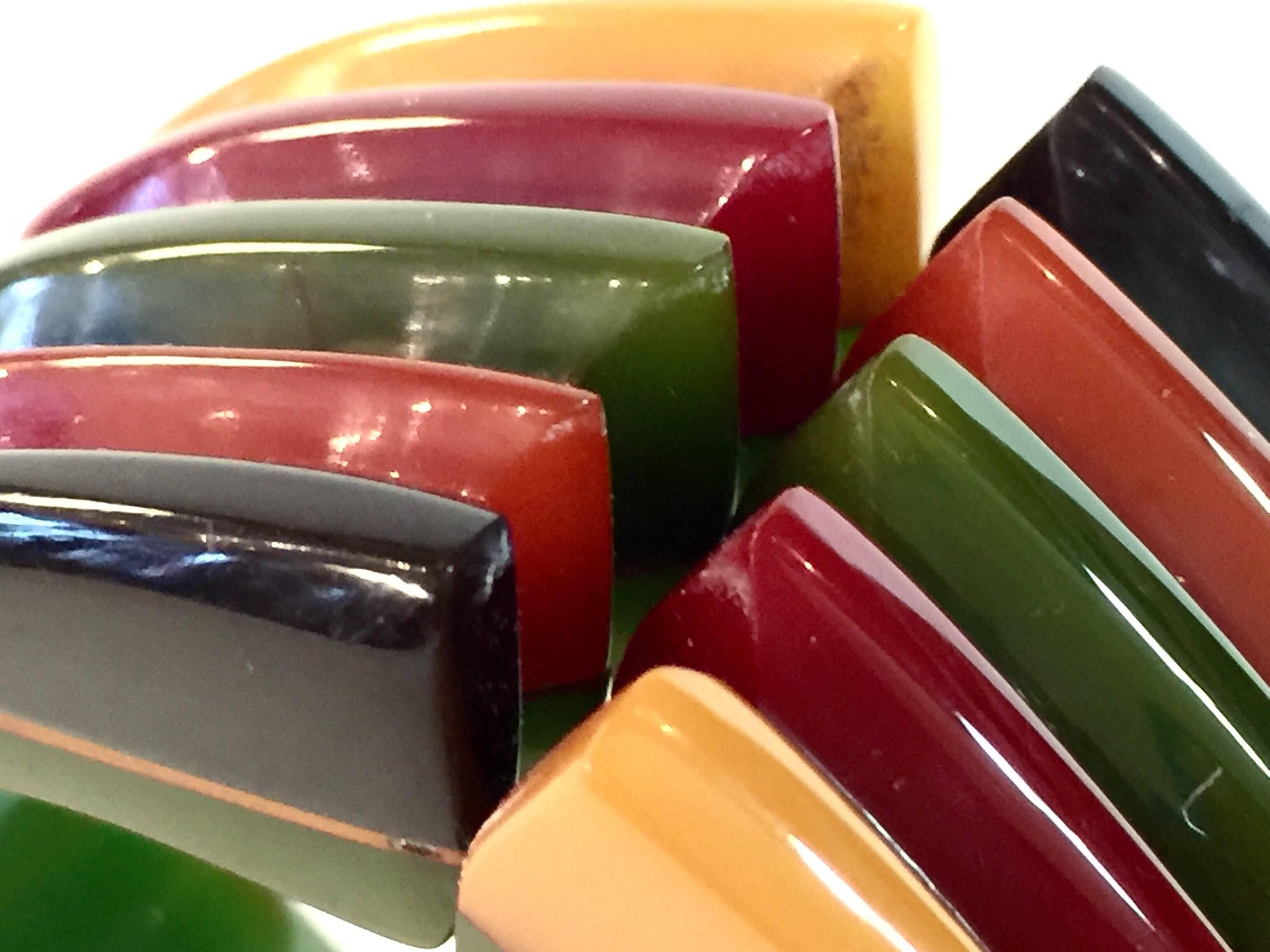 Art Deco Iconic 1930s Bakelite Multicolor Geometric PHILADELPHIA Hinged Bracelet For Sale