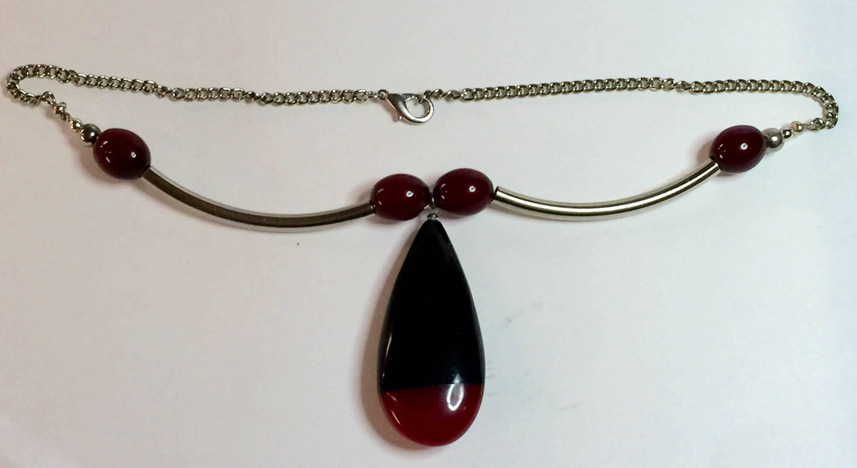 1930s Art Deco German Red Black Galalith Chrome Necklace Jacob Bengel In Excellent Condition For Sale In Palm Springs, CA