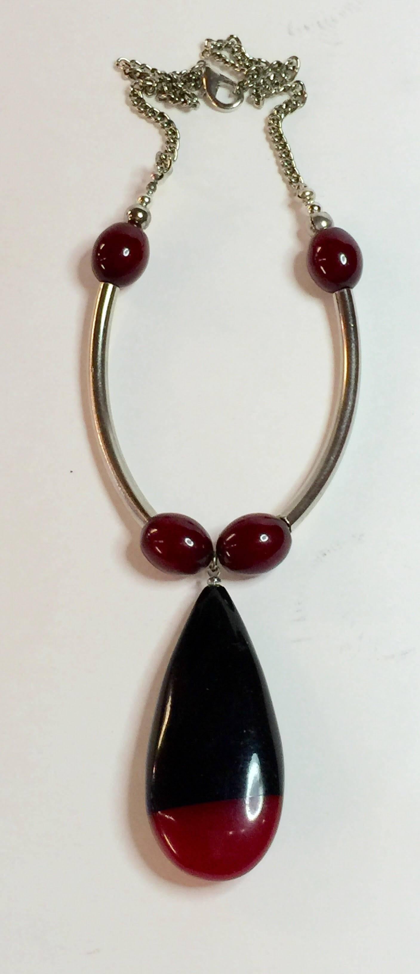 1930s Art Deco German Red Black Galalith Chrome Necklace Jacob Bengel For Sale 1