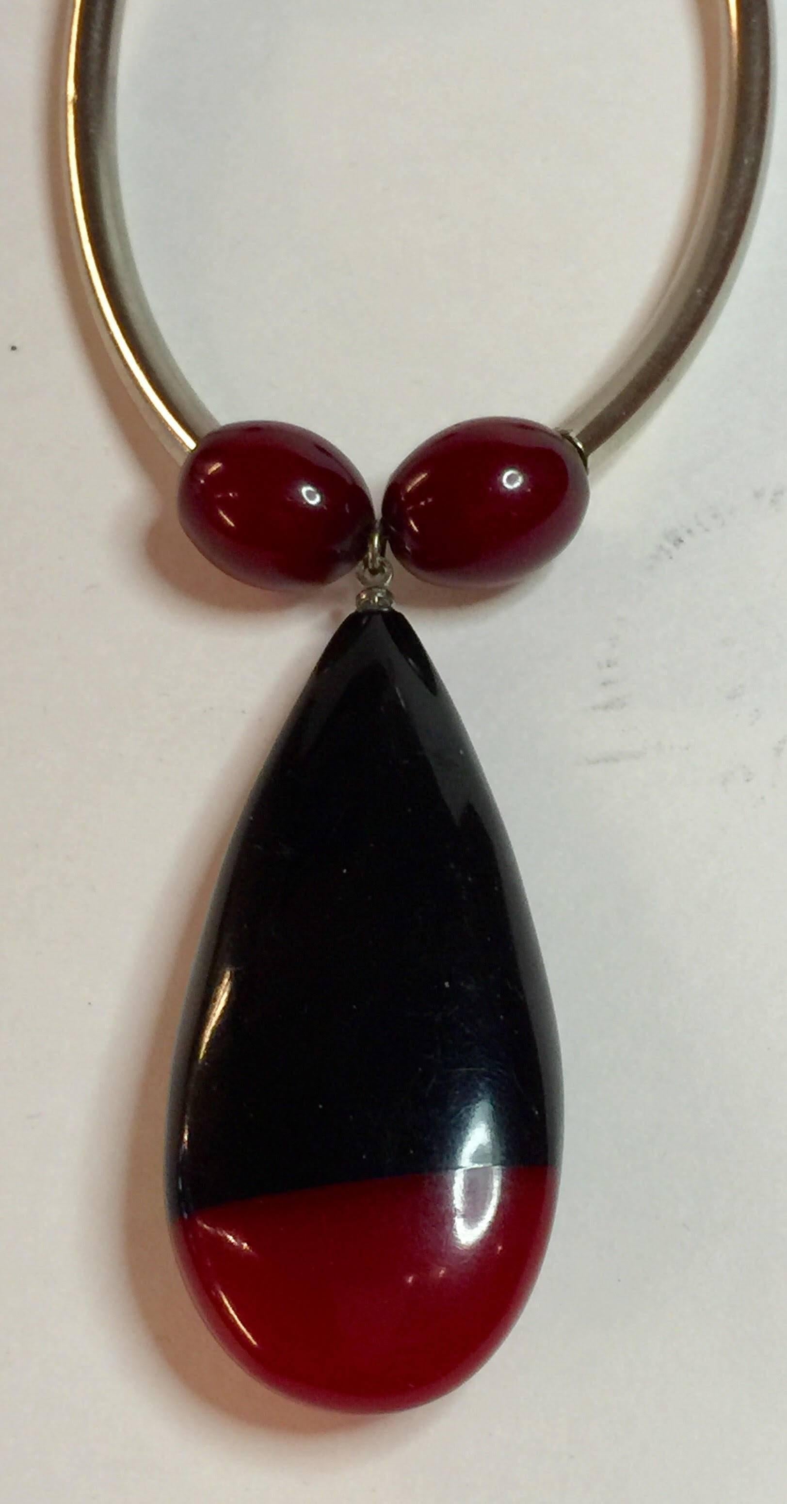 Women's 1930s Art Deco German Red Black Galalith Chrome Necklace Jacob Bengel For Sale