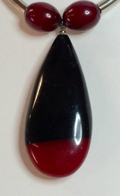 1930s Art Deco German Red Black Galalith Chrome Necklace Jacob Bengel