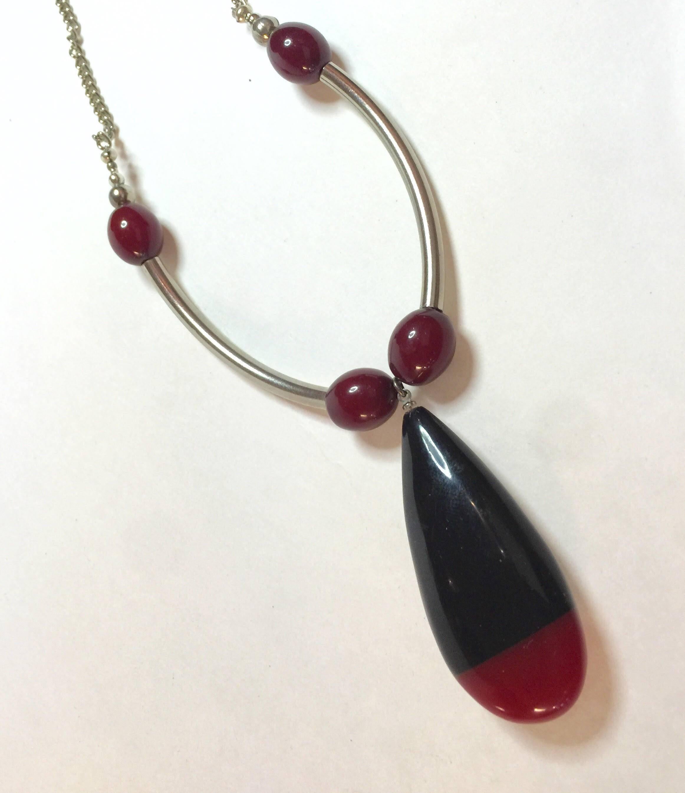 1930s Art Deco German Red Black Galalith Chrome Necklace Jacob Bengel For Sale 2