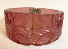 Translucent PINK Dichroic Changer Bakelite Floral Carved Hinged Bracelet