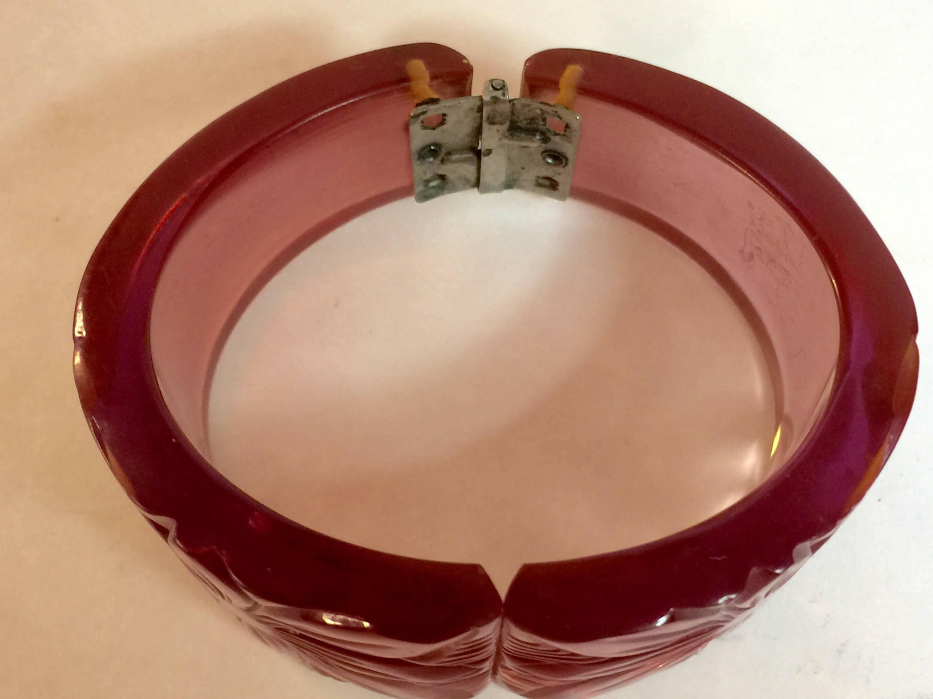 Art Deco Translucent PINK Dichroic Changer Bakelite Floral Carved Hinged Bracelet For Sale