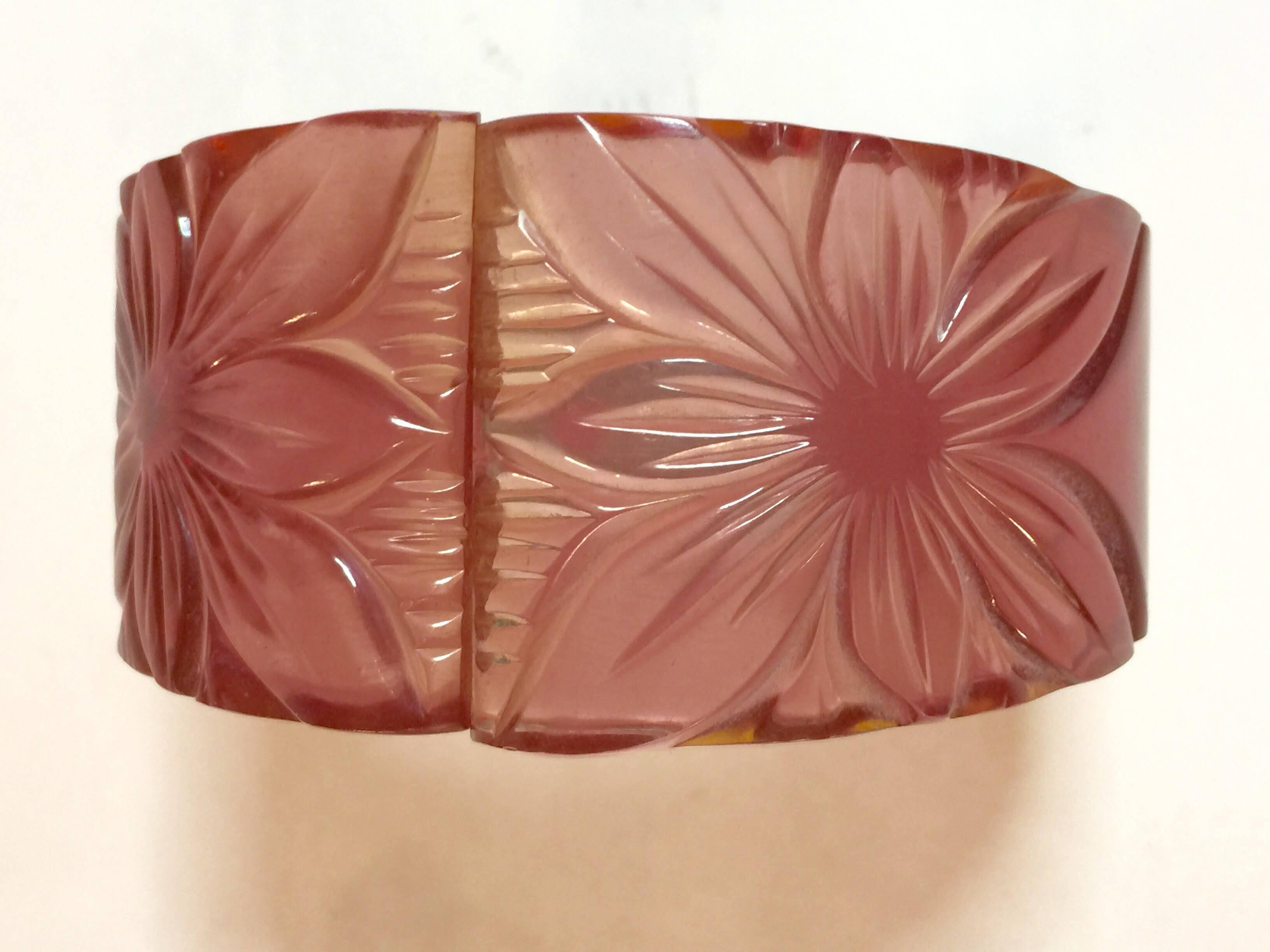 Women's Translucent PINK Dichroic Changer Bakelite Floral Carved Hinged Bracelet For Sale