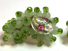 HOBE 1960s Citrine Chartreuse Glass Seed Bead Intricate Clip On Earrings